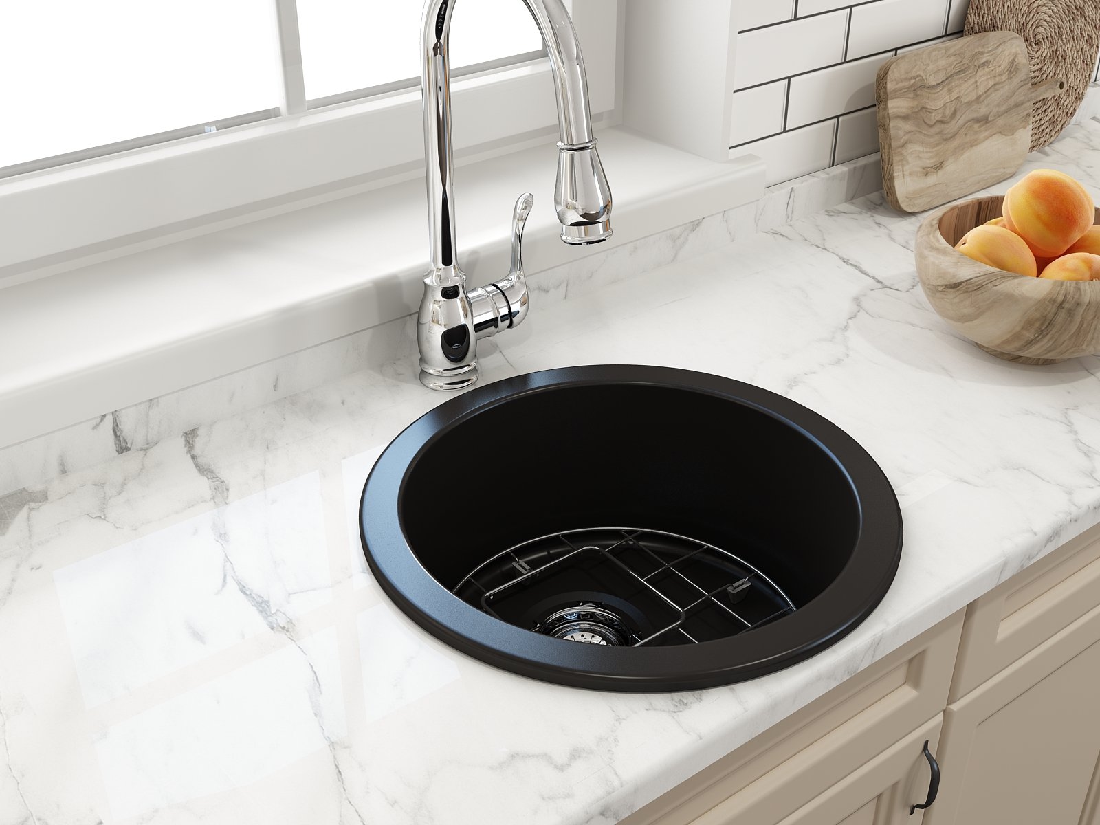 Sotto Round Dual-mount Fireclay 18.5 in. Single Bowl Bar Sink with Protective Bottom Grid and Strainer 1361