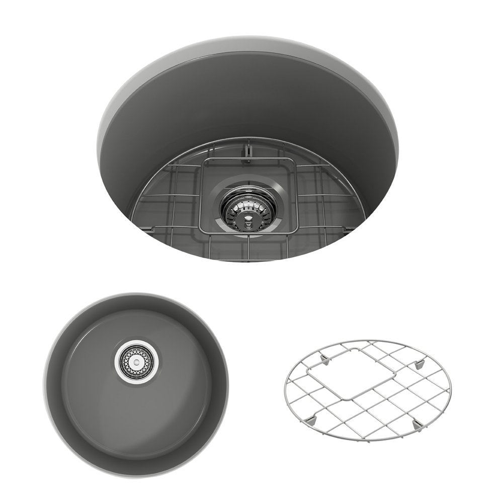 Sotto Round Dual-mount Fireclay 18.5 in. Single Bowl Bar Sink with Protective Bottom Grid and Strainer 1361