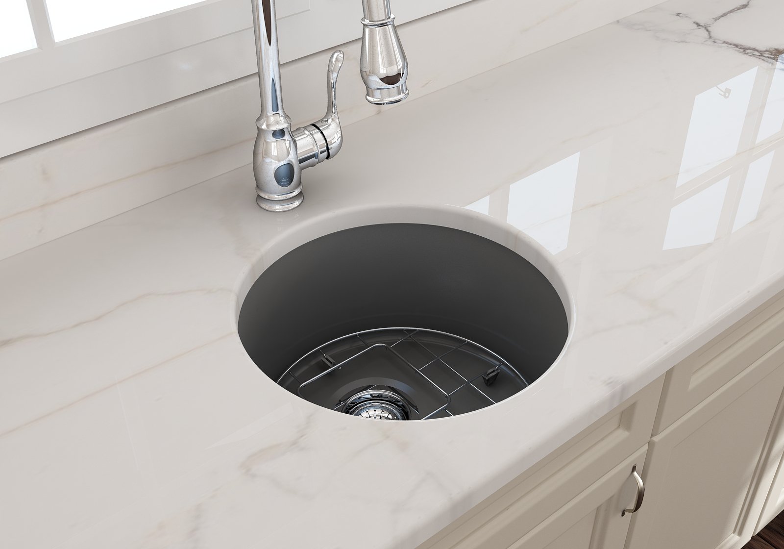 Sotto Round Dual-mount Fireclay 18.5 in. Single Bowl Bar Sink with Protective Bottom Grid and Strainer 1361