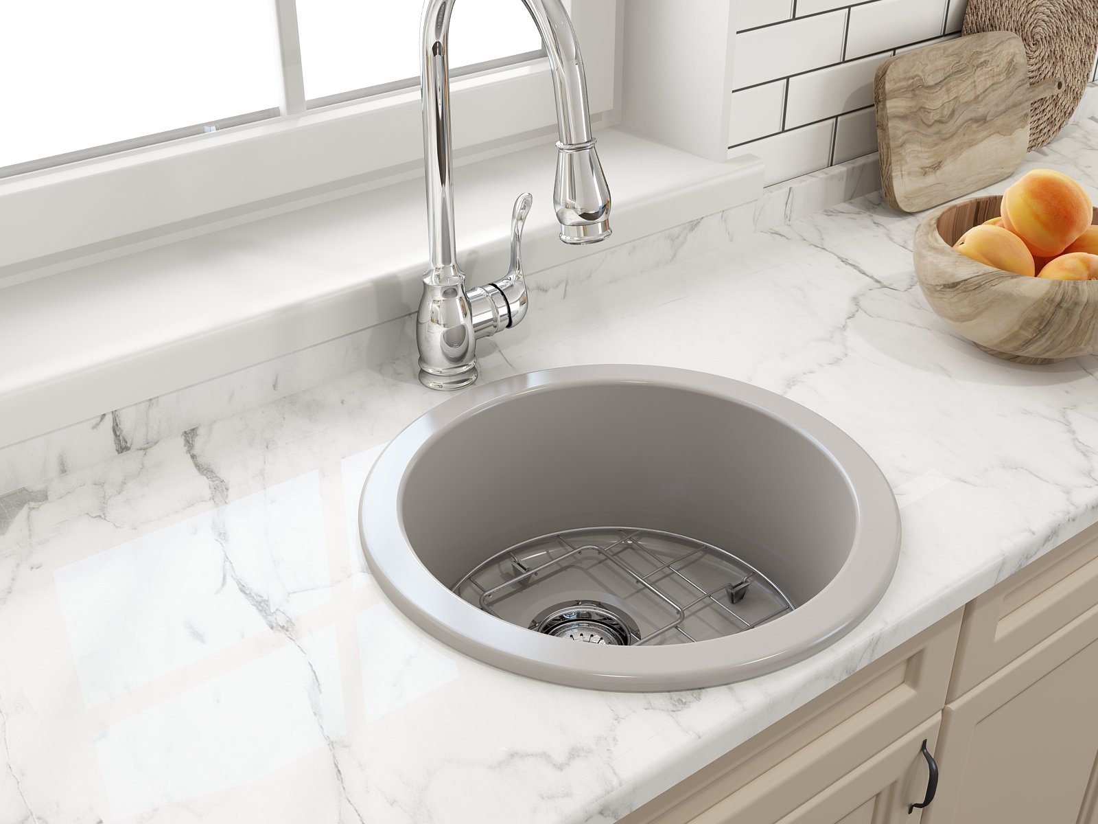 Sotto Round Dual-mount Fireclay 18.5 in. Single Bowl Bar Sink with Protective Bottom Grid and Strainer 1361