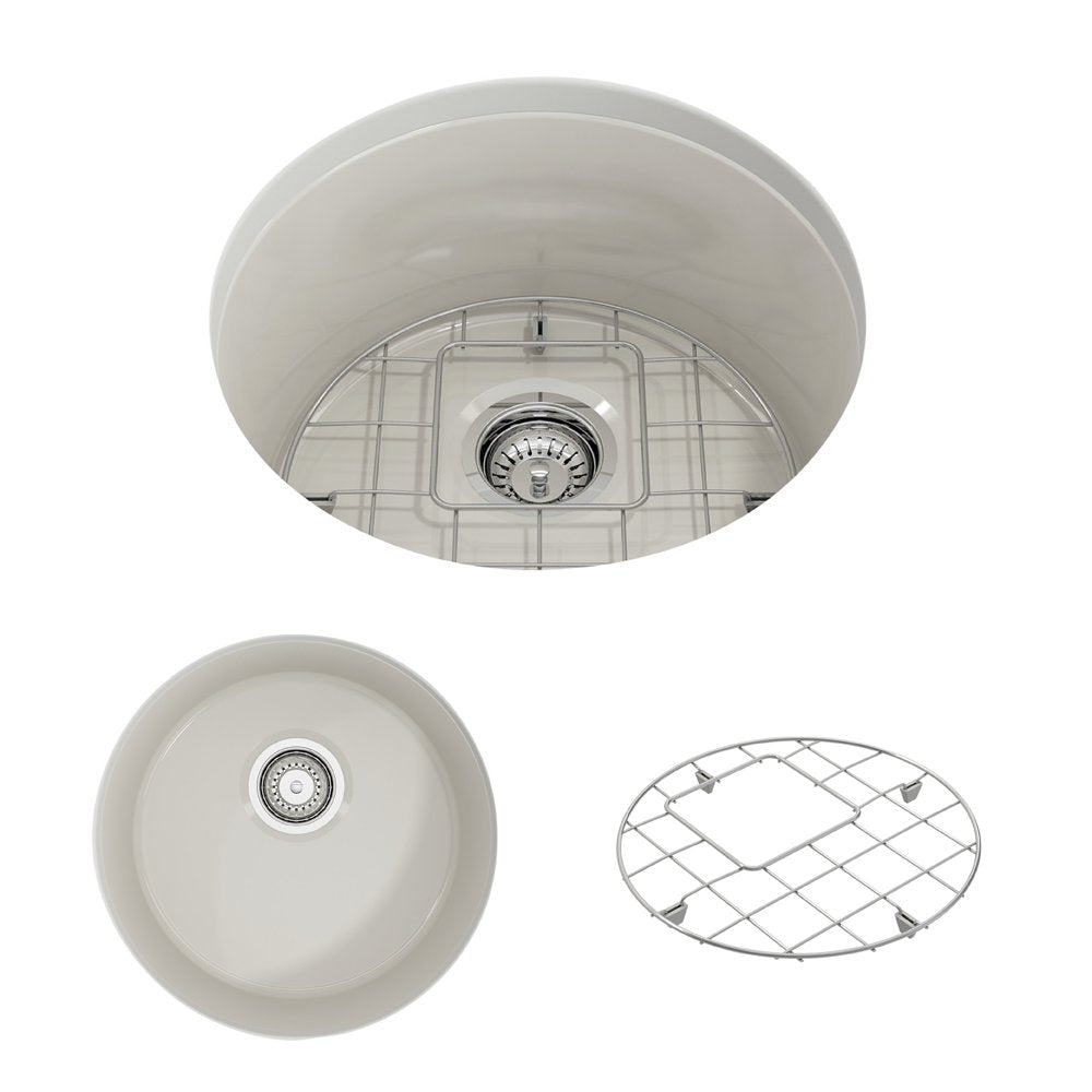 Sotto Round Dual-mount Fireclay 18.5 in. Single Bowl Bar Sink with Protective Bottom Grid and Strainer 1361