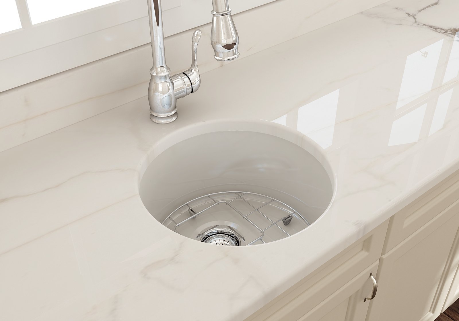 Sotto Round Dual-mount Fireclay 18.5 in. Single Bowl Bar Sink with Protective Bottom Grid and Strainer 1361