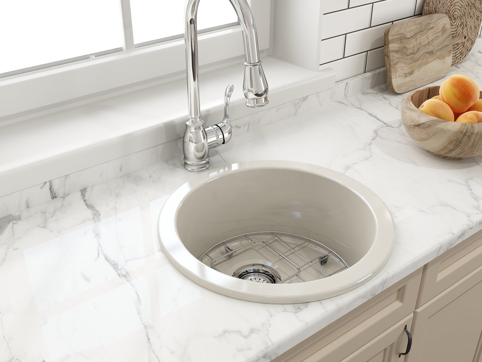 Sotto Round Dual-mount Fireclay 18.5 in. Single Bowl Bar Sink with Protective Bottom Grid and Strainer 1361