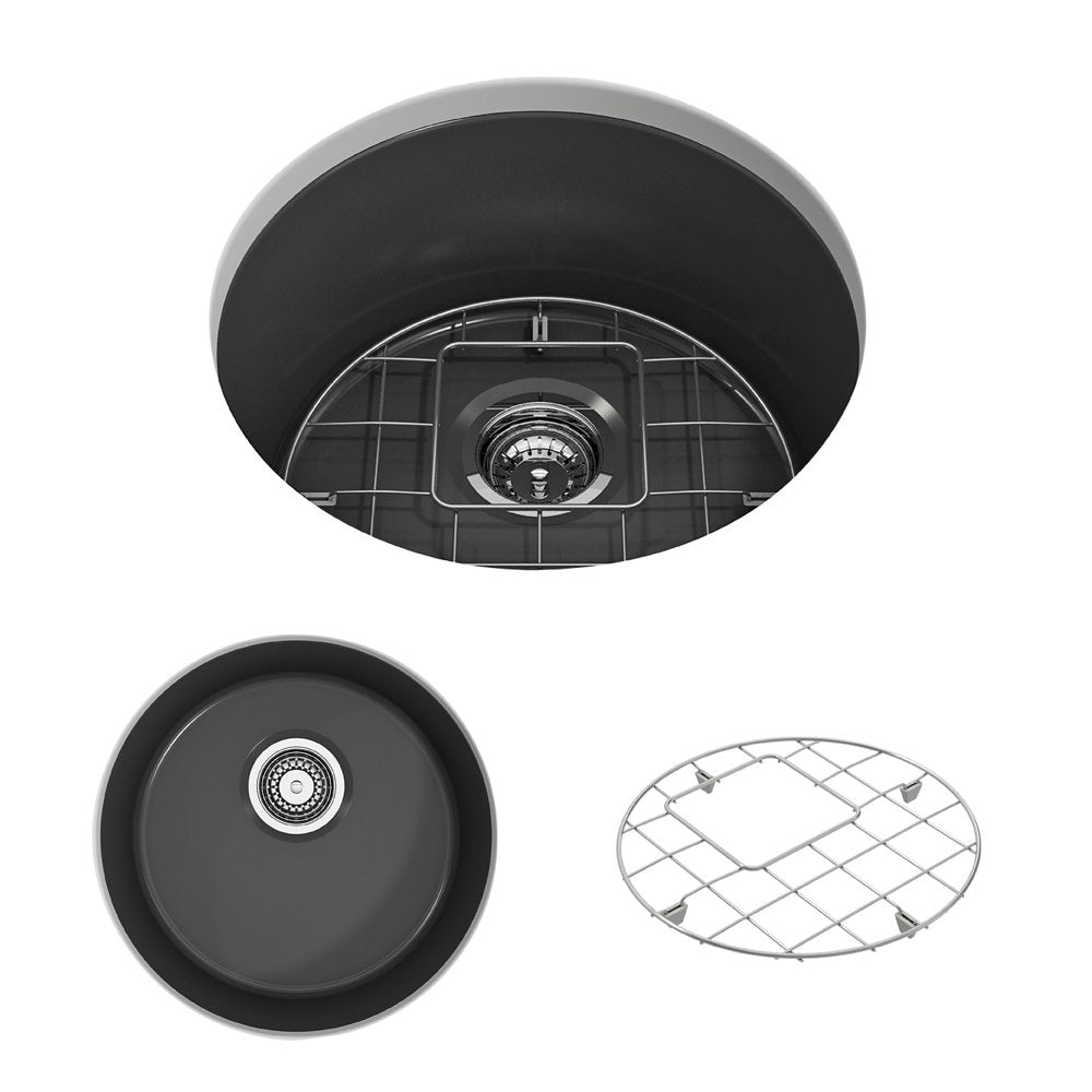 Sotto Round Dual-mount Fireclay 18.5 in. Single Bowl Bar Sink with Protective Bottom Grid and Strainer 1361
