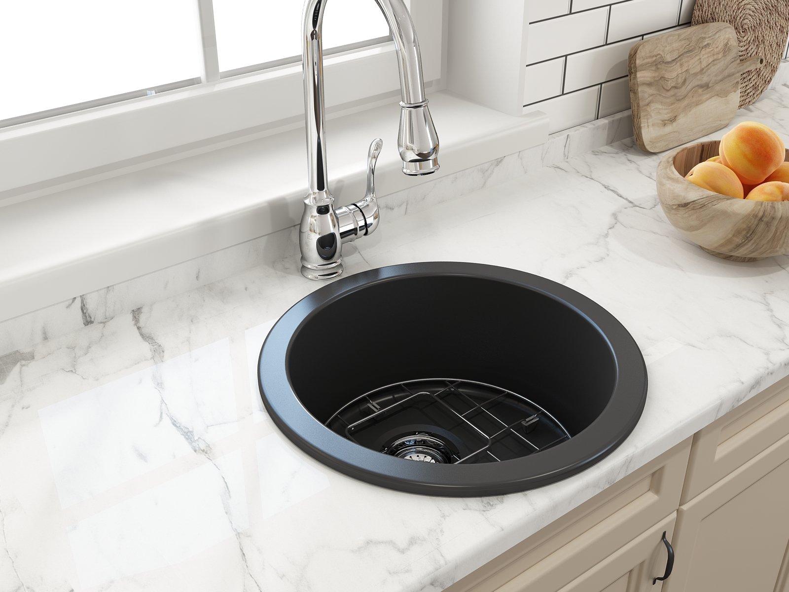 Sotto Round Dual-mount Fireclay 18.5 in. Single Bowl Bar Sink with Protective Bottom Grid and Strainer 1361