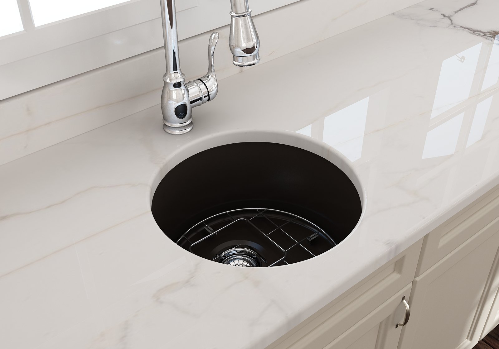 Sotto Round Dual-mount Fireclay 18.5 in. Single Bowl Bar Sink with Protective Bottom Grid and Strainer 1361