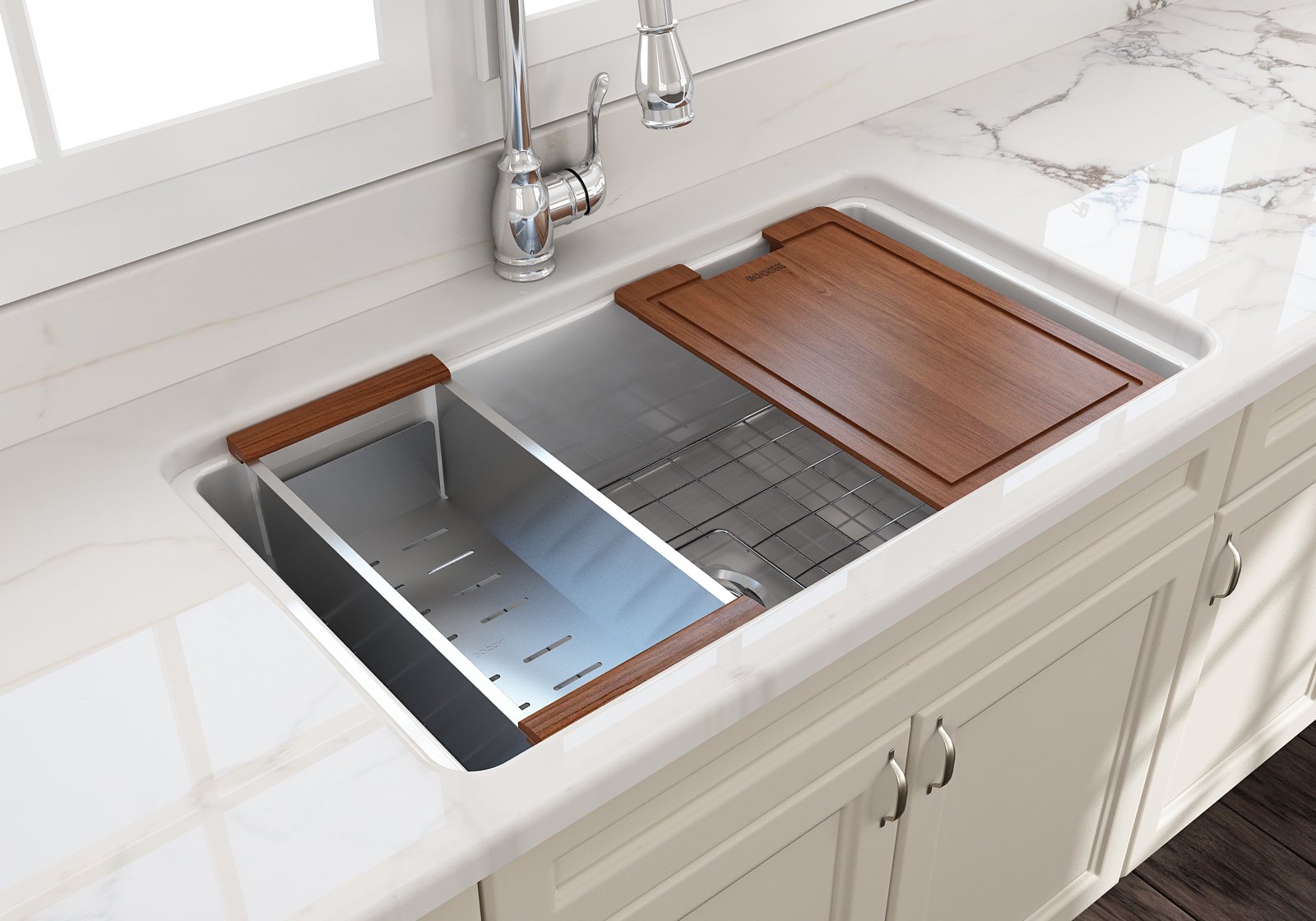 Sotto Dual-mount Fireclay 32 in. Single Bowl Kitchen Sink with Protective Bottom Grid and Strainer 1362