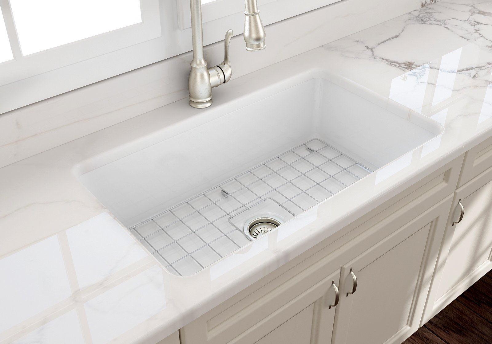 Sotto Dual-mount Fireclay 32 in. Single Bowl Kitchen Sink with Protective Bottom Grid and Strainer 1362