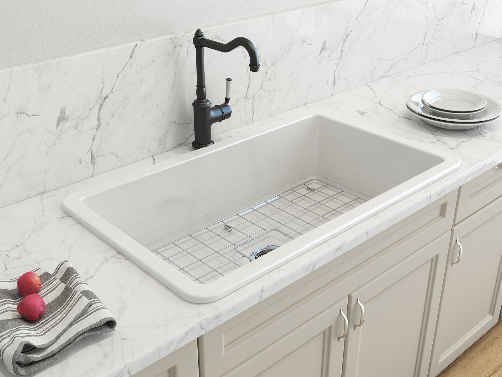 Sotto Dual-mount Fireclay 32 in. Single Bowl Kitchen Sink with Protective Bottom Grid and Strainer 1362