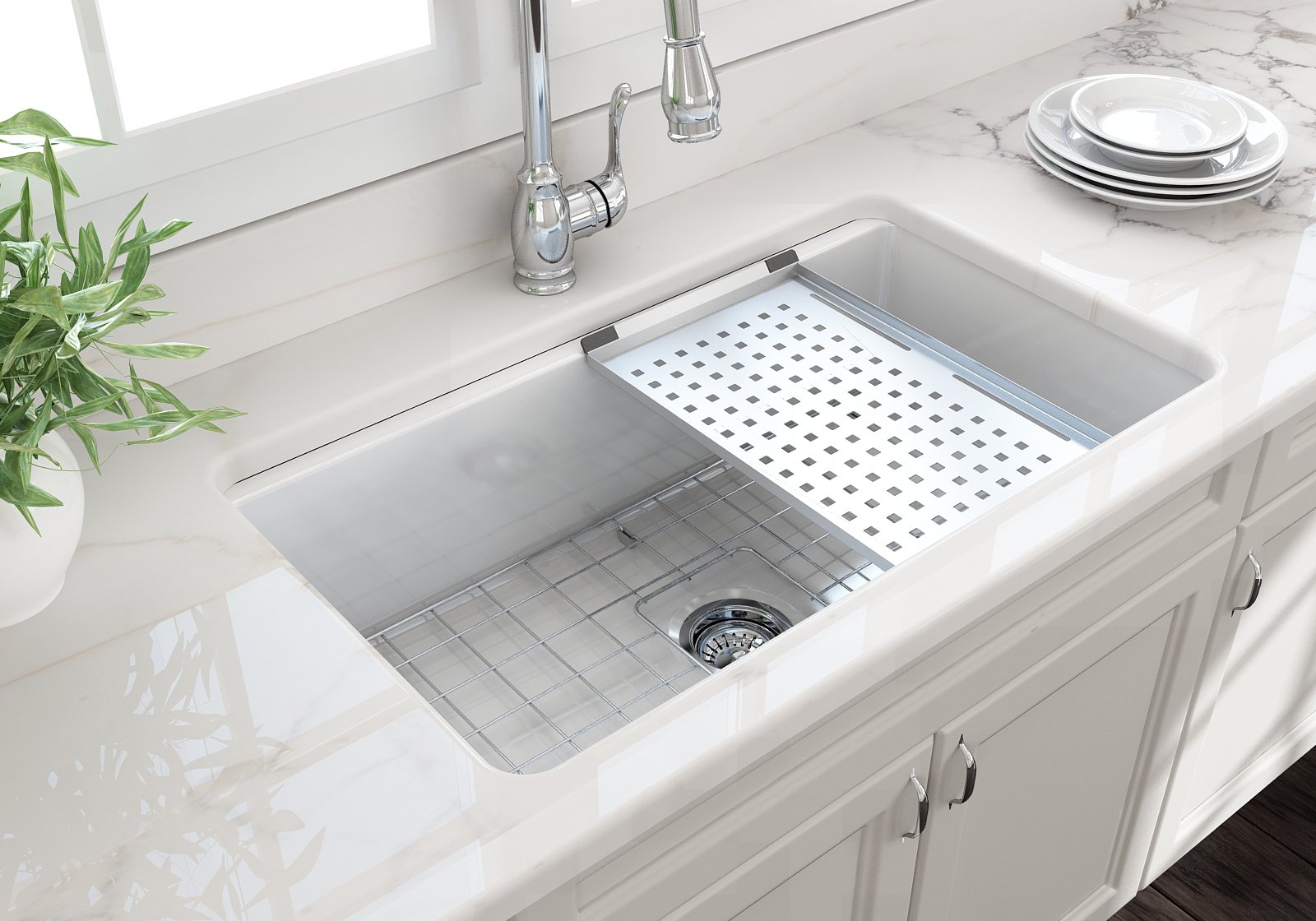 Sotto Dual-mount Fireclay 32 in. Single Bowl Kitchen Sink with Protective Bottom Grid and Strainer 1362