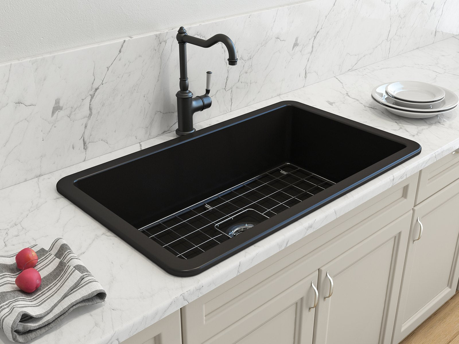 Sotto Dual-mount Fireclay 32 in. Single Bowl Kitchen Sink with Protective Bottom Grid and Strainer 1362