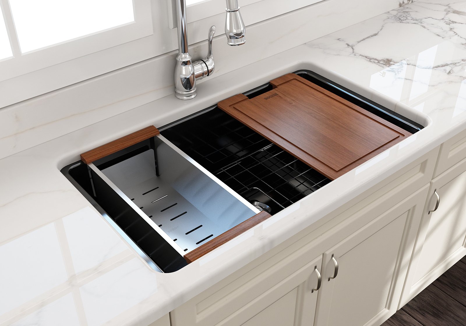 Sotto Dual-mount Fireclay 32 in. Single Bowl Kitchen Sink with Protective Bottom Grid and Strainer 1362