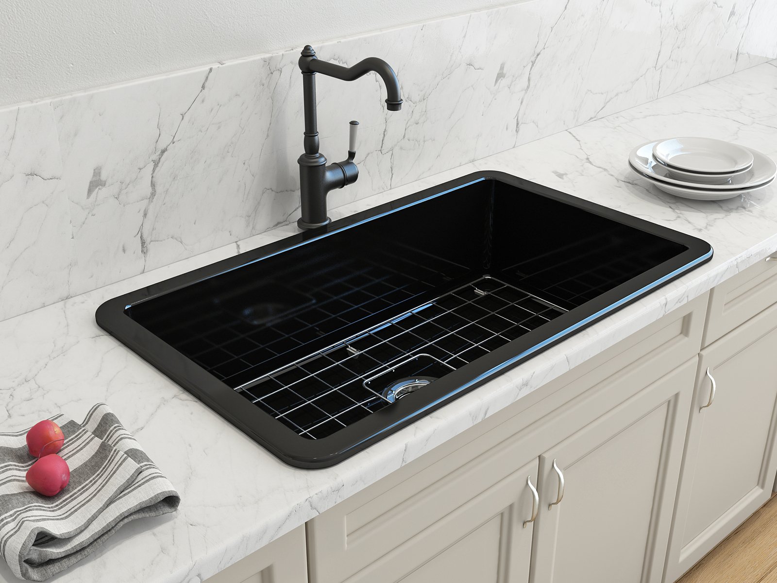 Sotto Dual-mount Fireclay 32 in. Single Bowl Kitchen Sink with Protective Bottom Grid and Strainer 1362