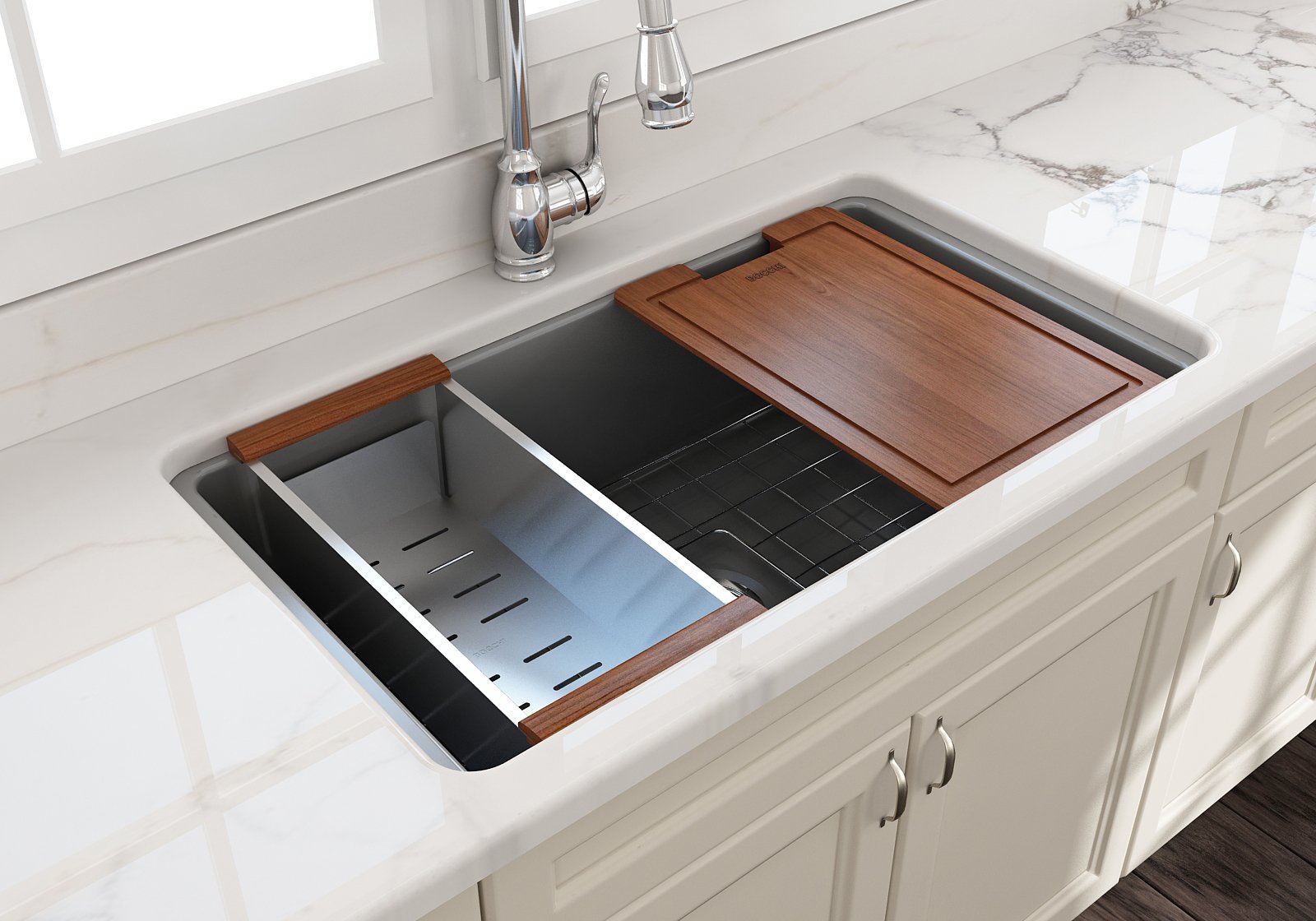 Sotto Dual-mount Fireclay 32 in. Single Bowl Kitchen Sink with Protective Bottom Grid and Strainer 1362