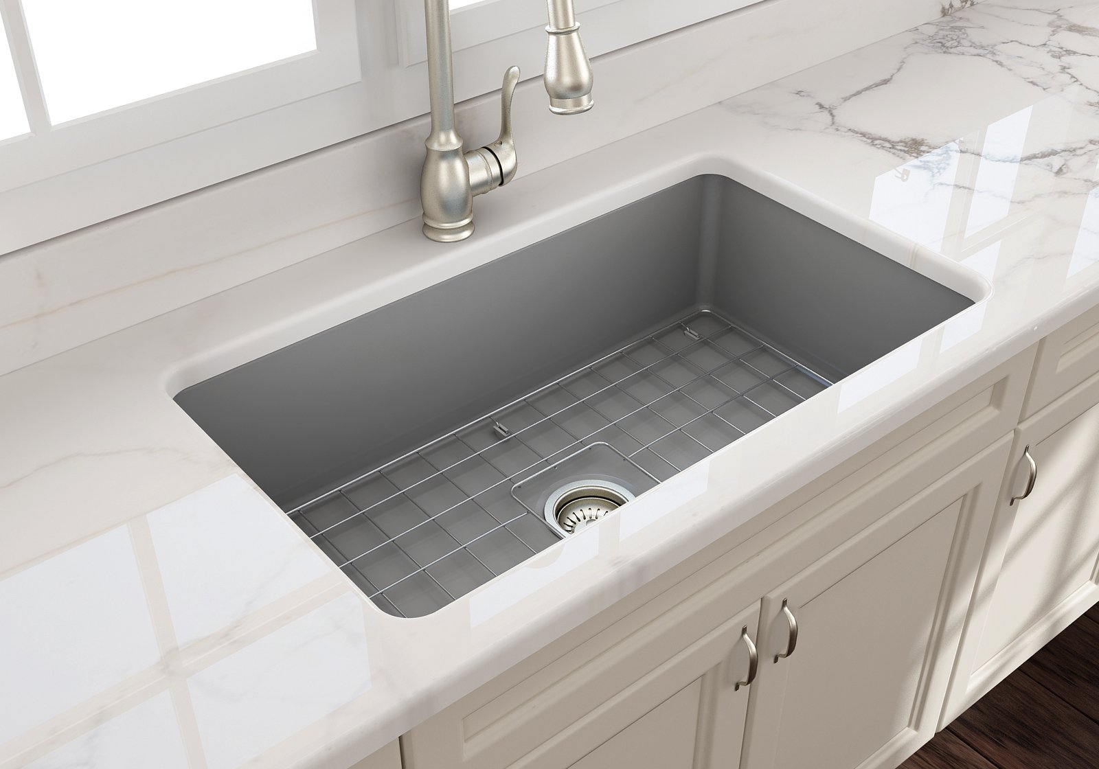 Sotto Dual-mount Fireclay 32 in. Single Bowl Kitchen Sink with Protective Bottom Grid and Strainer 1362