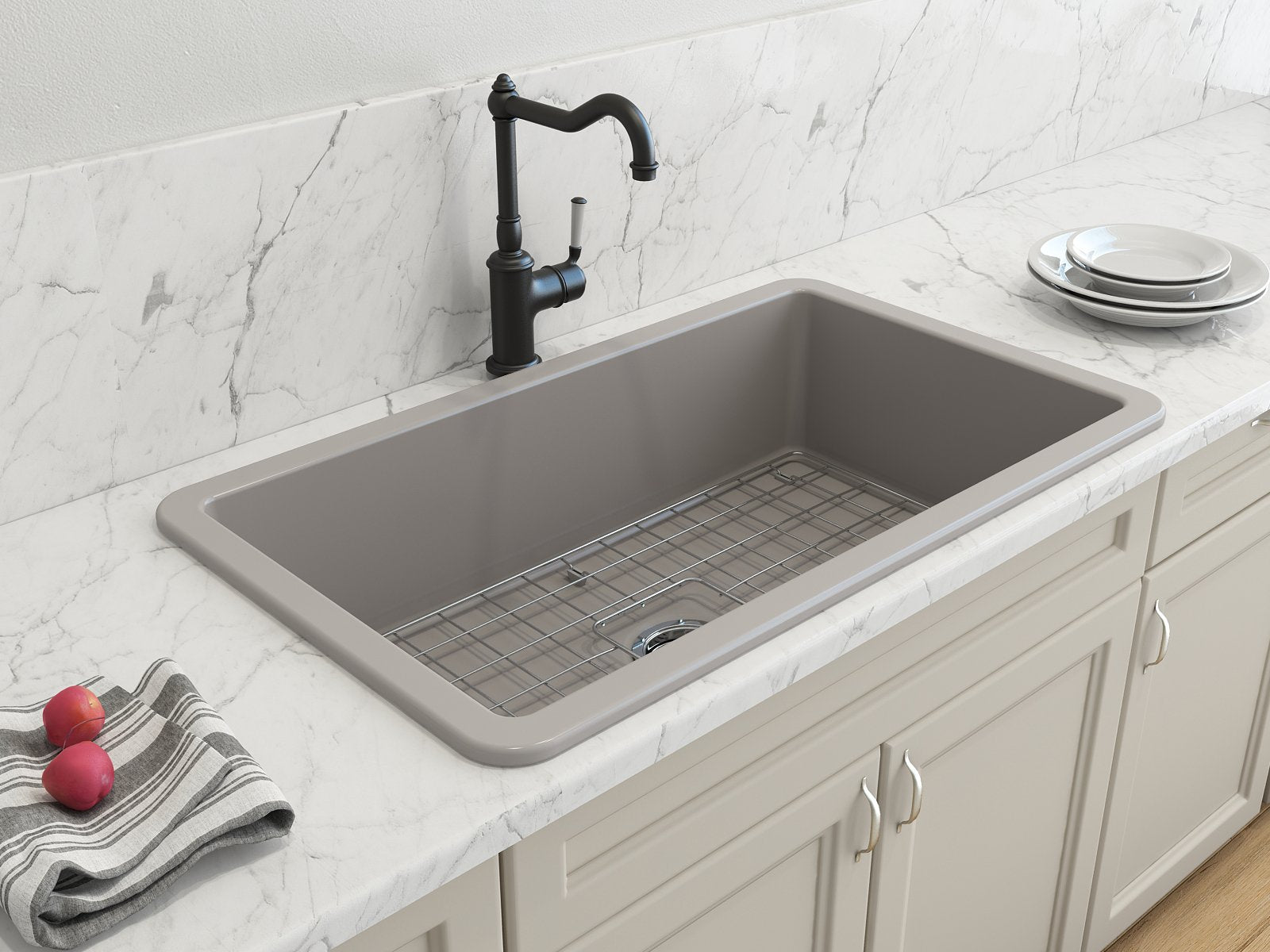 Sotto Dual-mount Fireclay 32 in. Single Bowl Kitchen Sink with Protective Bottom Grid and Strainer 1362