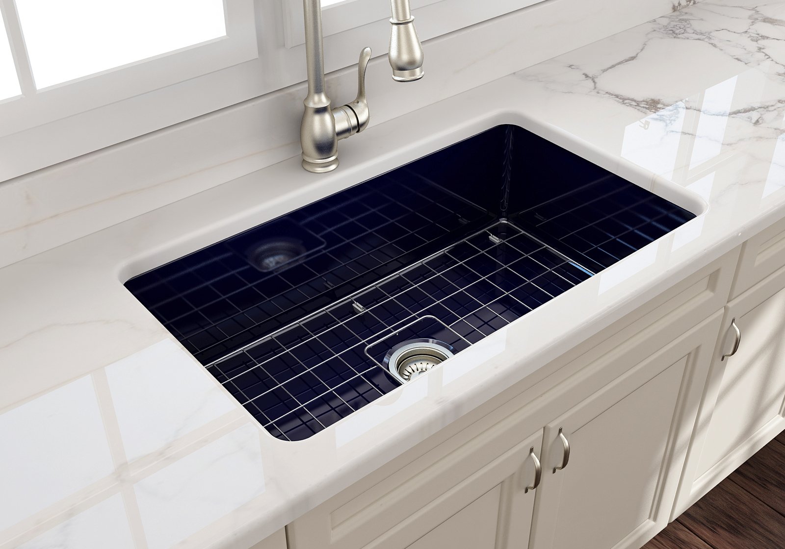 Sotto Dual-mount Fireclay 32 in. Single Bowl Kitchen Sink with Protective Bottom Grid and Strainer 1362