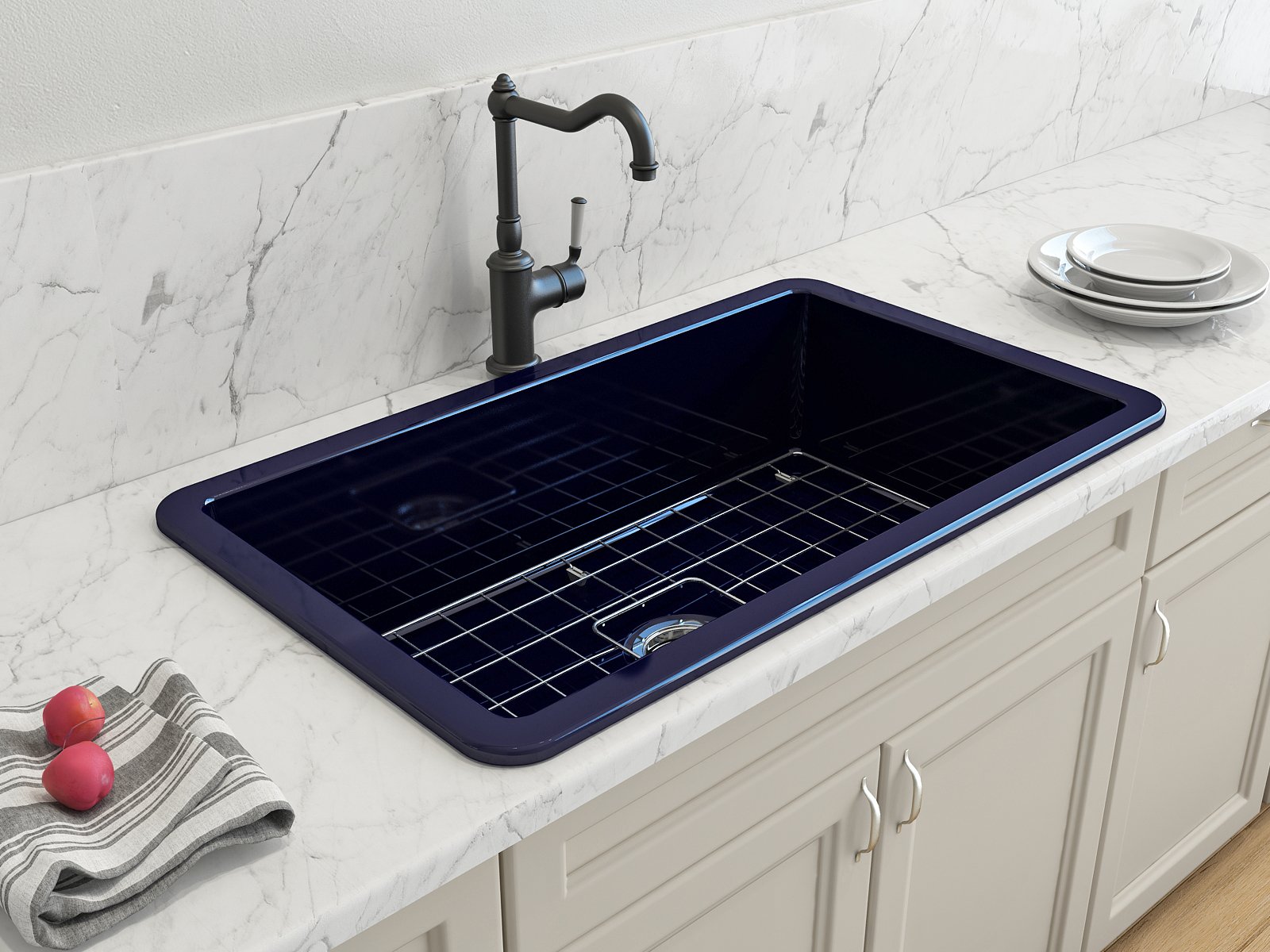 Sotto Dual-mount Fireclay 32 in. Single Bowl Kitchen Sink with Protective Bottom Grid and Strainer 1362