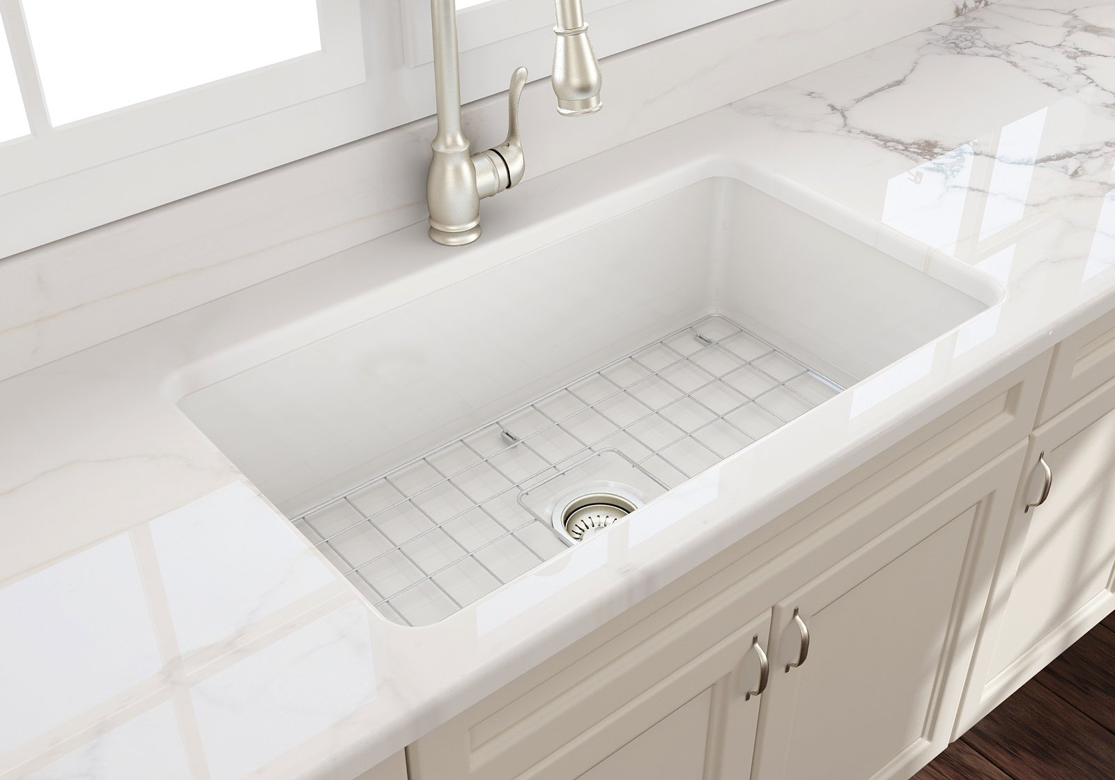 Sotto Dual-mount Fireclay 32 in. Single Bowl Kitchen Sink with Protective Bottom Grid and Strainer 1362