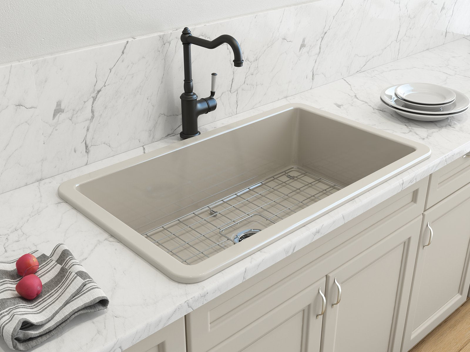 Sotto Dual-mount Fireclay 32 in. Single Bowl Kitchen Sink with Protective Bottom Grid and Strainer 1362