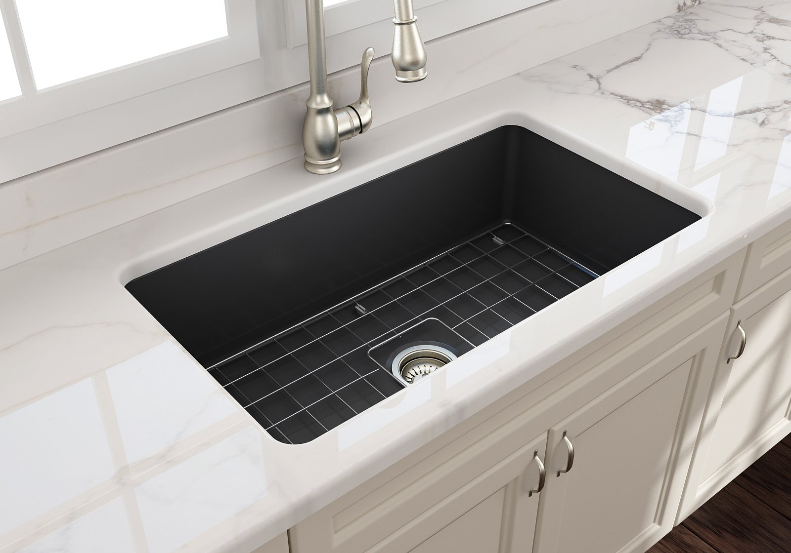 Sotto Dual-mount Fireclay 32 in. Single Bowl Kitchen Sink with Protective Bottom Grid and Strainer 1362