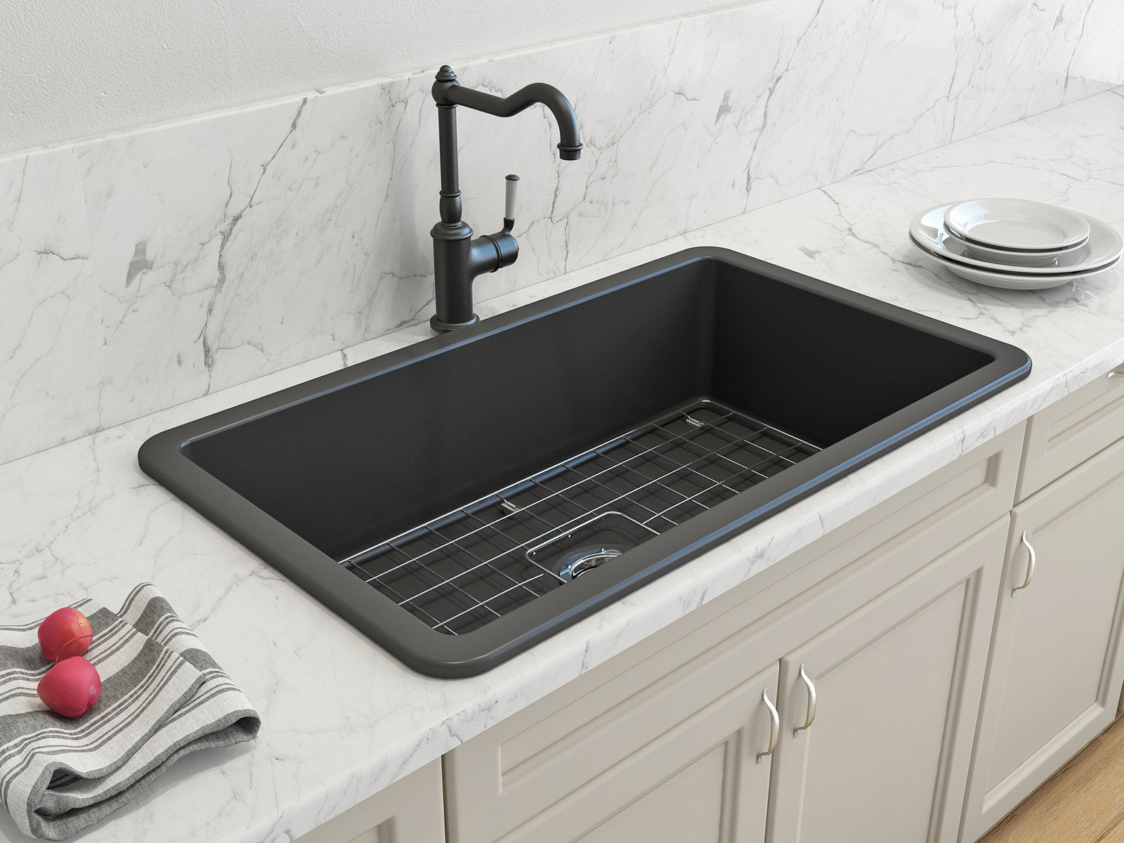 Sotto Dual-mount Fireclay 32 in. Single Bowl Kitchen Sink with Protective Bottom Grid and Strainer 1362