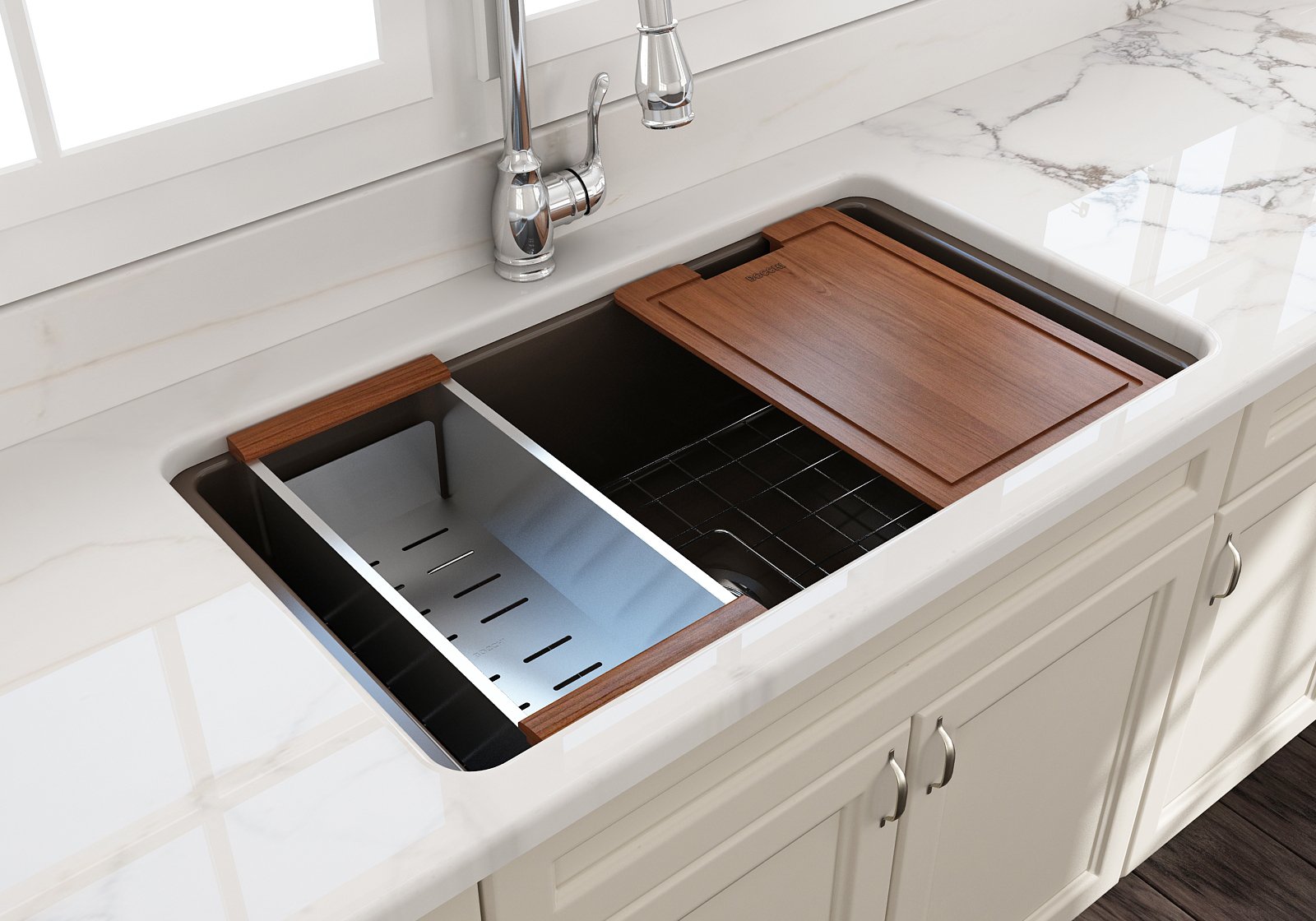Sotto Dual-mount Fireclay 32 in. Single Bowl Kitchen Sink with Protective Bottom Grid and Strainer 1362