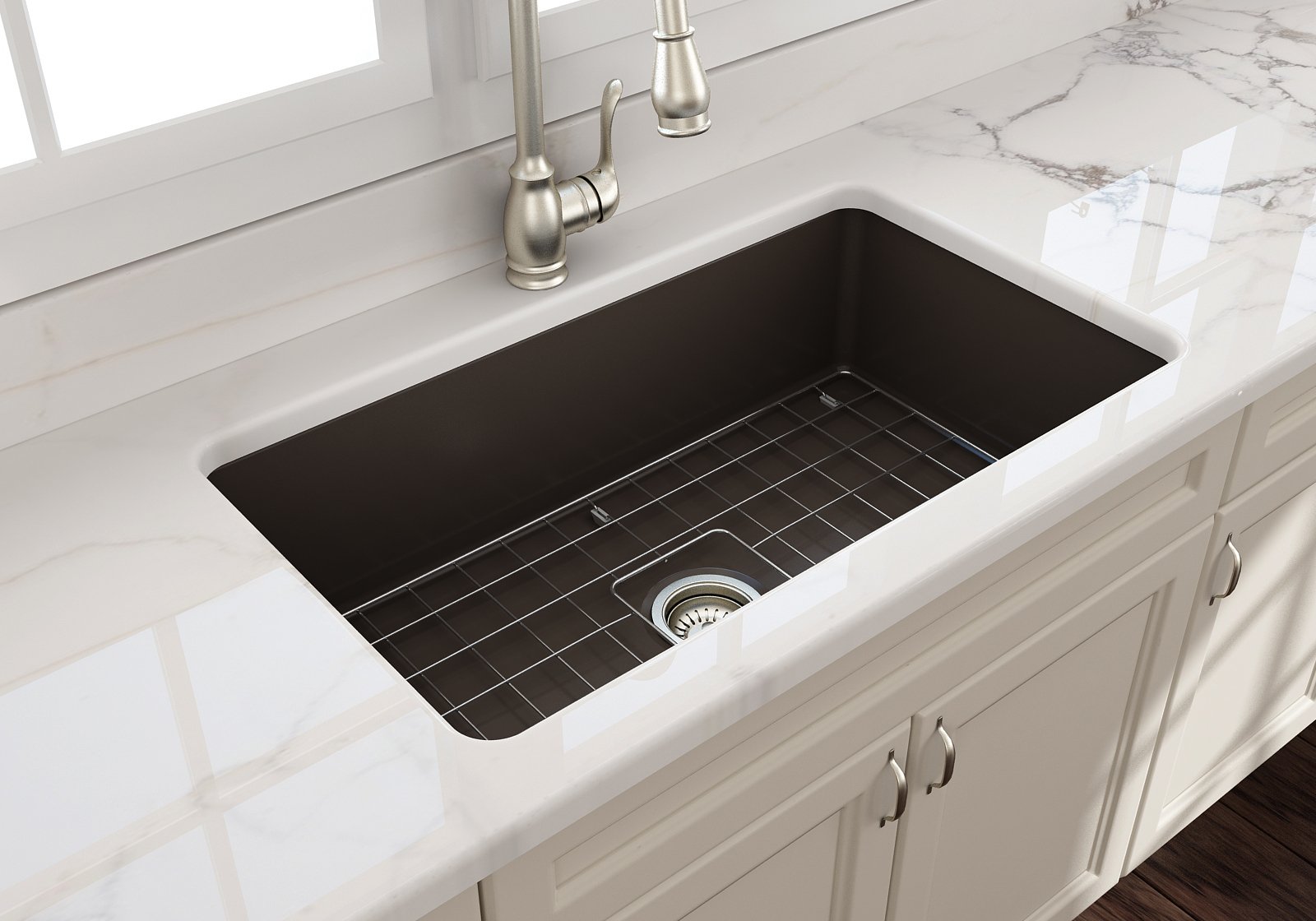Sotto Dual-mount Fireclay 32 in. Single Bowl Kitchen Sink with Protective Bottom Grid and Strainer 1362