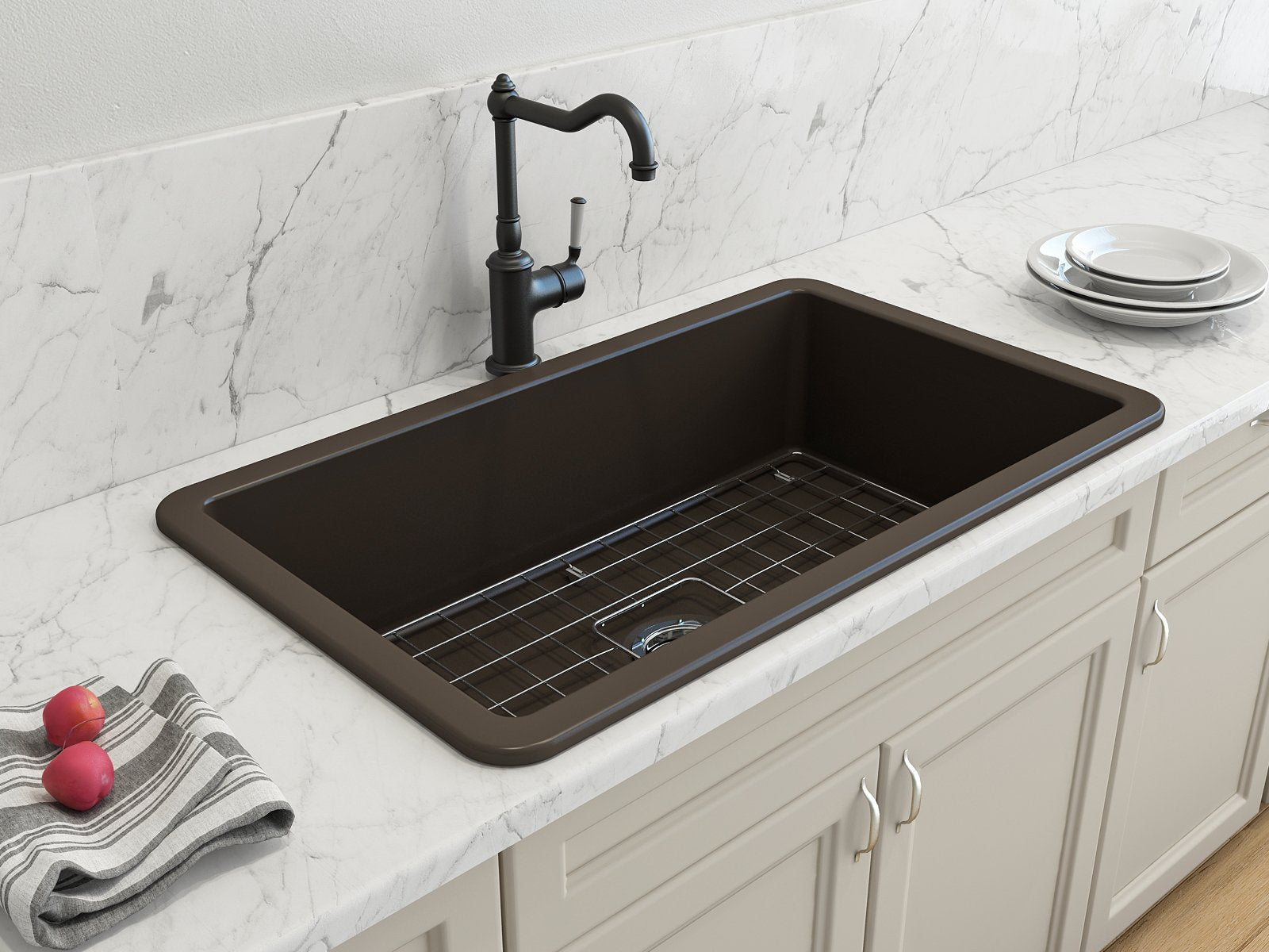 Sotto Dual-mount Fireclay 32 in. Single Bowl Kitchen Sink with Protective Bottom Grid and Strainer 1362