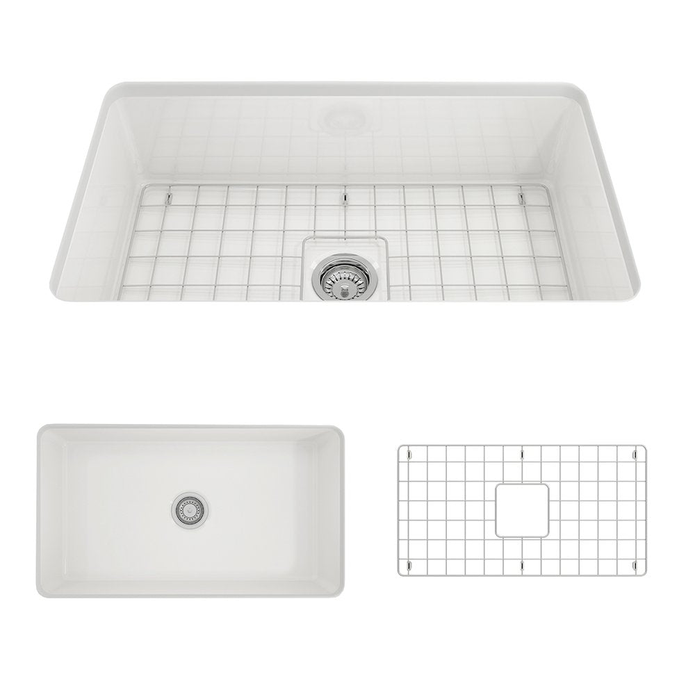 Sotto Dual-mount Fireclay 32 in. Single Bowl Kitchen Sink with Protective Bottom Grid and Strainer 1362