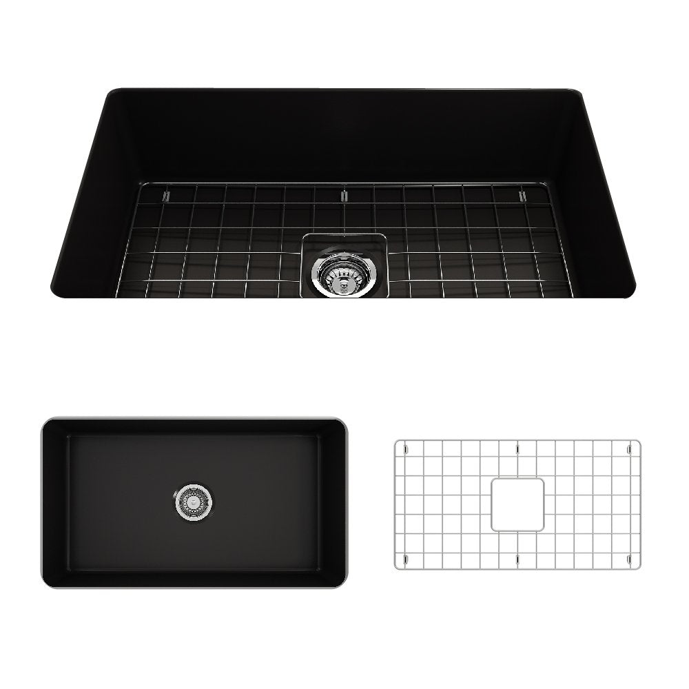 Sotto Dual-mount Fireclay 32 in. Single Bowl Kitchen Sink with Protective Bottom Grid and Strainer 1362
