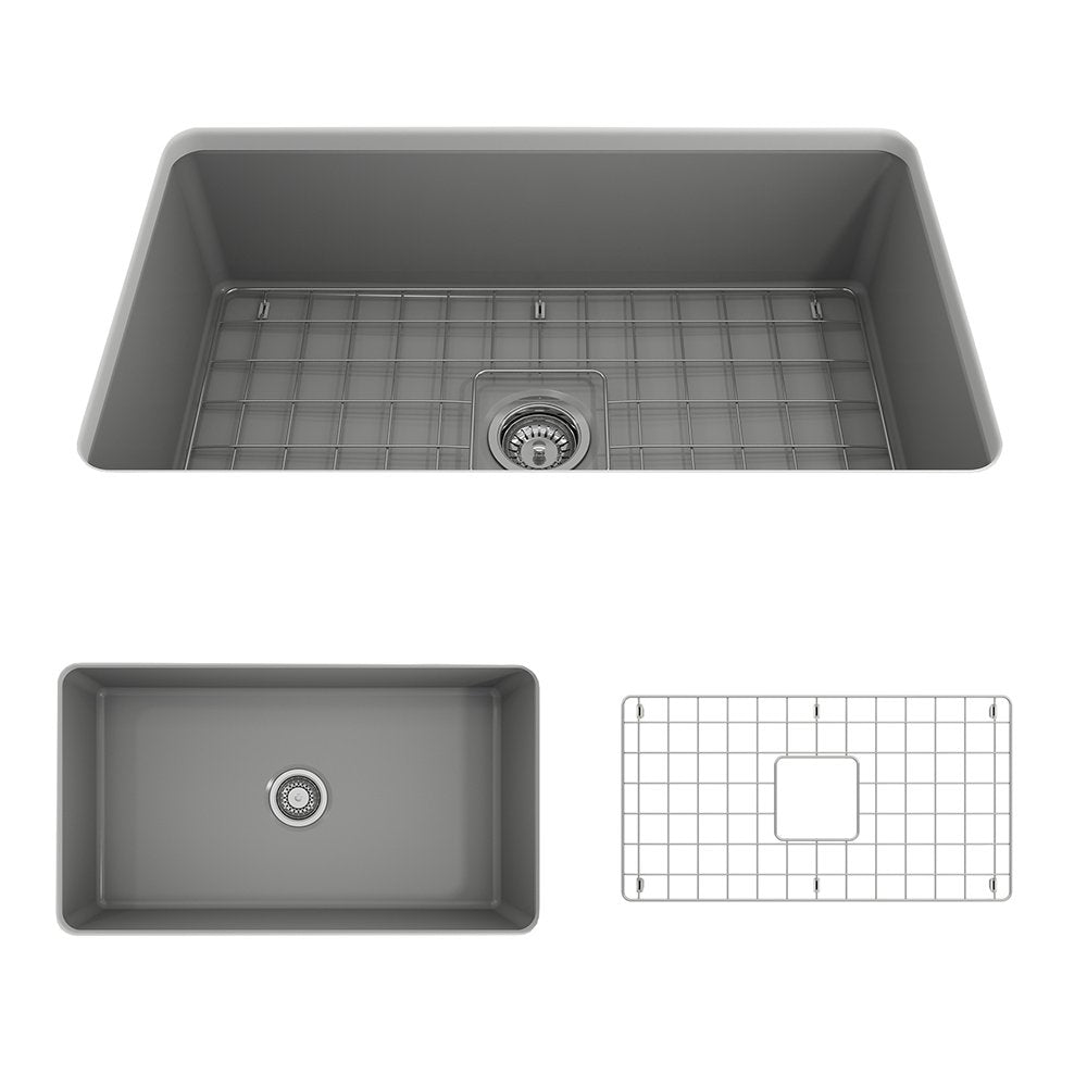 Sotto Dual-mount Fireclay 32 in. Single Bowl Kitchen Sink with Protective Bottom Grid and Strainer 1362