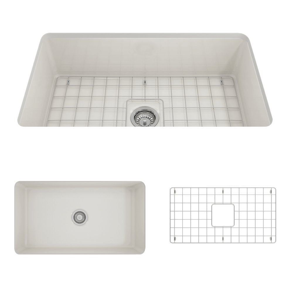 Sotto Dual-mount Fireclay 32 in. Single Bowl Kitchen Sink with Protective Bottom Grid and Strainer 1362