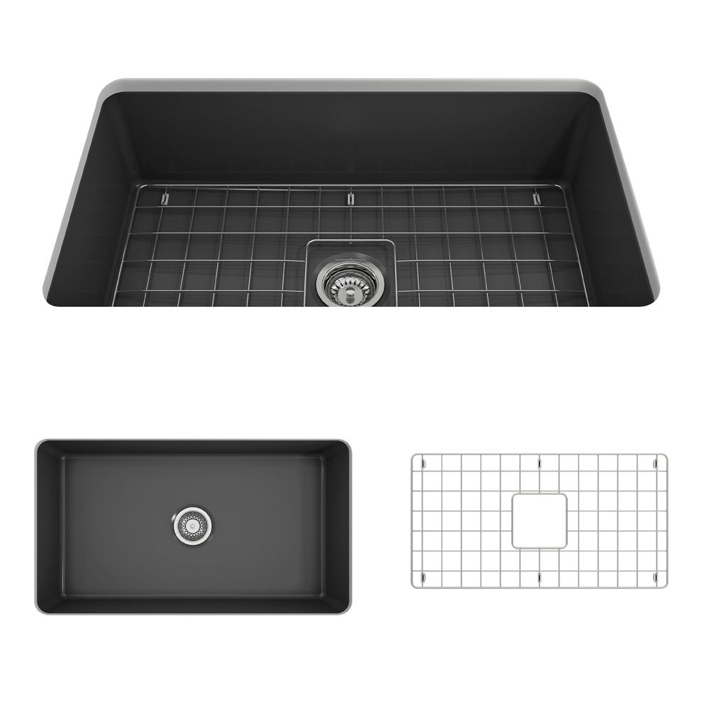 Sotto Dual-mount Fireclay 32 in. Single Bowl Kitchen Sink with Protective Bottom Grid and Strainer 1362