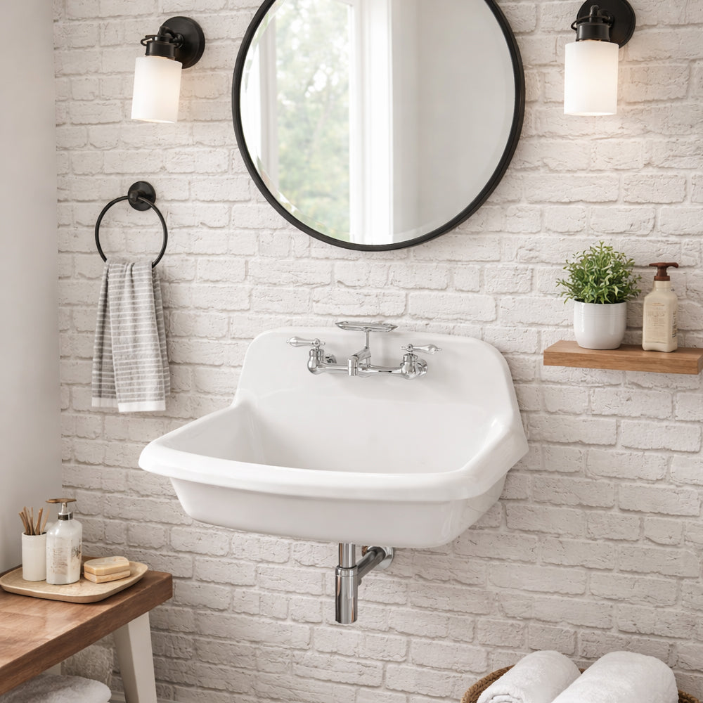 MAIDSTONE 24 Inch Porcelain Wall Mount Utility Sink - White - 8 Inch Faucet Holes