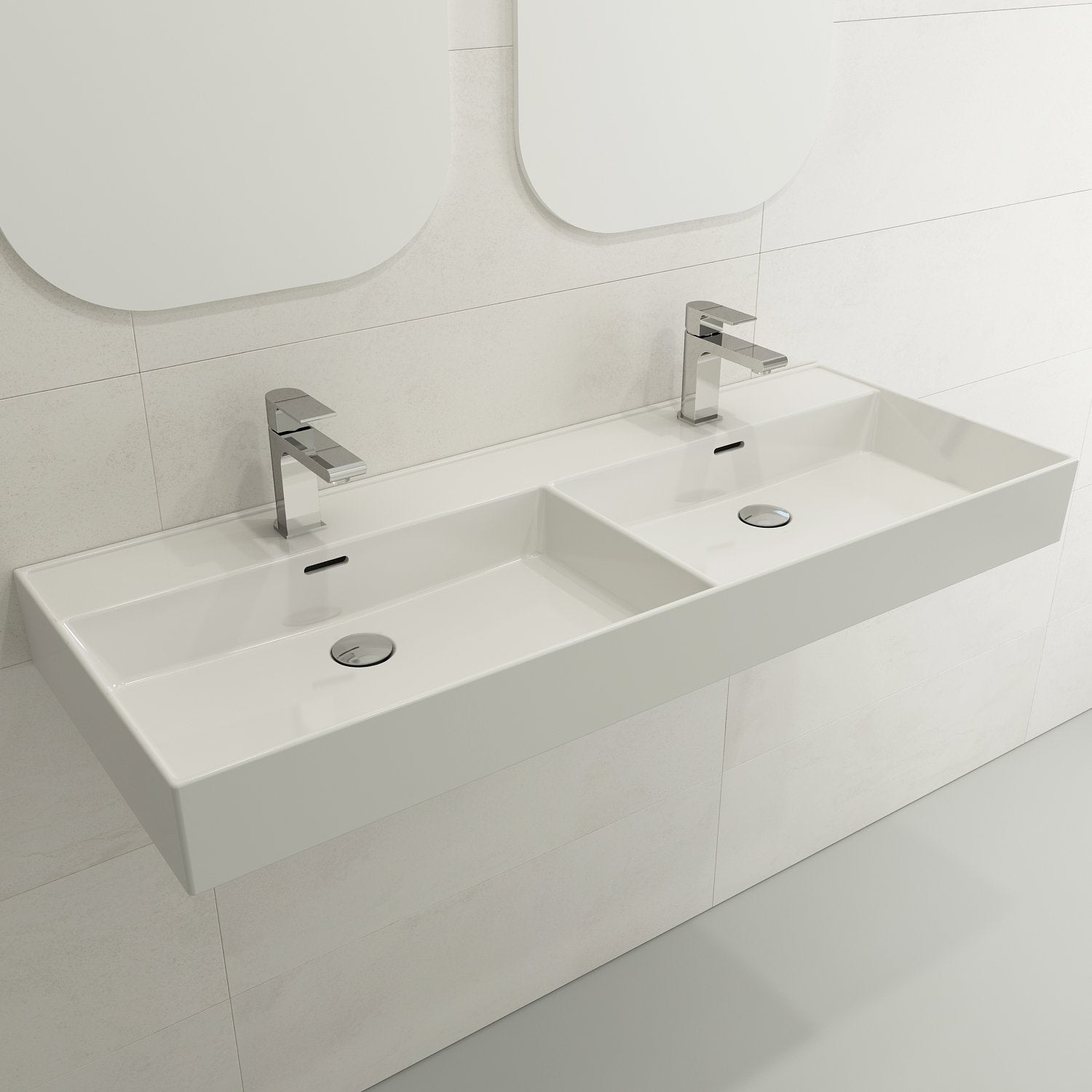 Milano Wall-Mounted Sink Fireclay  47.75 in. Double Bowl for Two 1-Hole Faucets with Overflows 1393