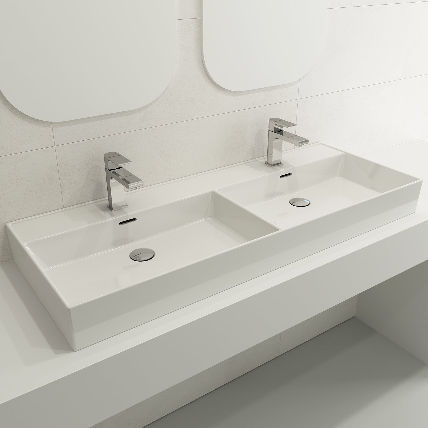 Milano Wall-Mounted Sink Fireclay  47.75 in. Double Bowl for Two 1-Hole Faucets with Overflows 1393