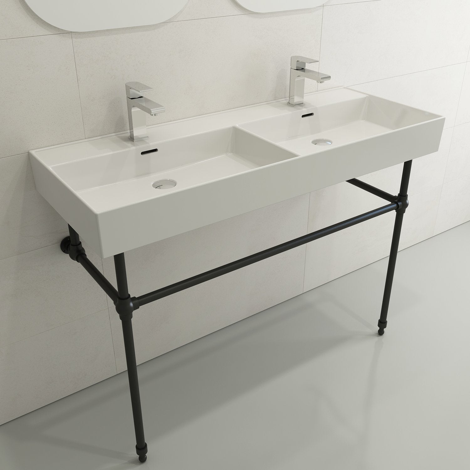Milano Wall-Mounted Sink Fireclay  47.75 in. Double Bowl for Two 1-Hole Faucets with Overflows 1393