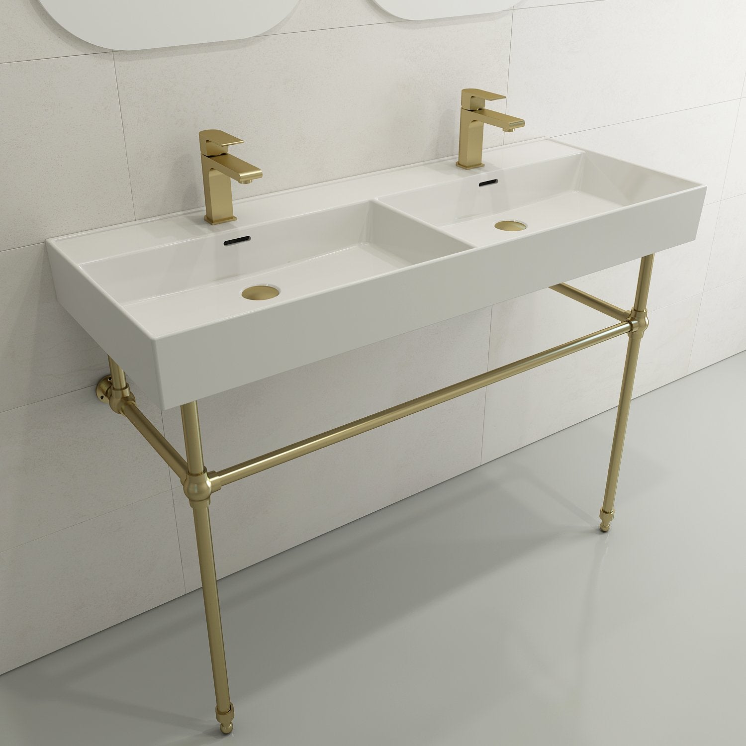 Milano Wall-Mounted Sink Fireclay  47.75 in. Double Bowl for Two 1-Hole Faucets with Overflows 1393