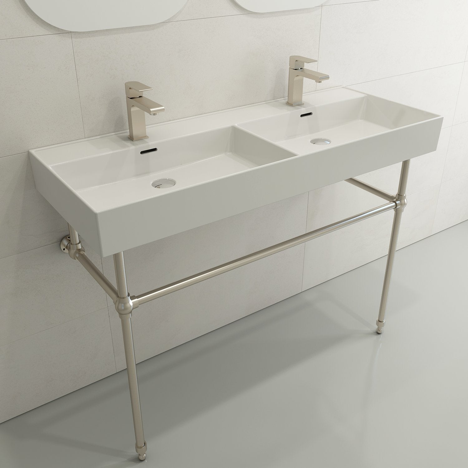 Milano Wall-Mounted Sink Fireclay  47.75 in. Double Bowl for Two 1-Hole Faucets with Overflows 1393