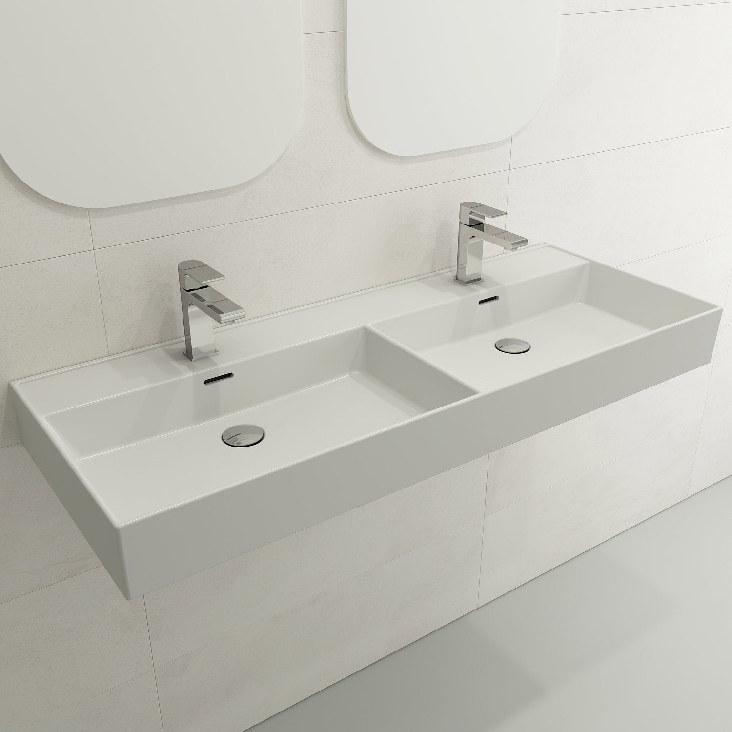 Milano Wall-Mounted Sink Fireclay  47.75 in. Double Bowl for Two 1-Hole Faucets with Overflows 1393