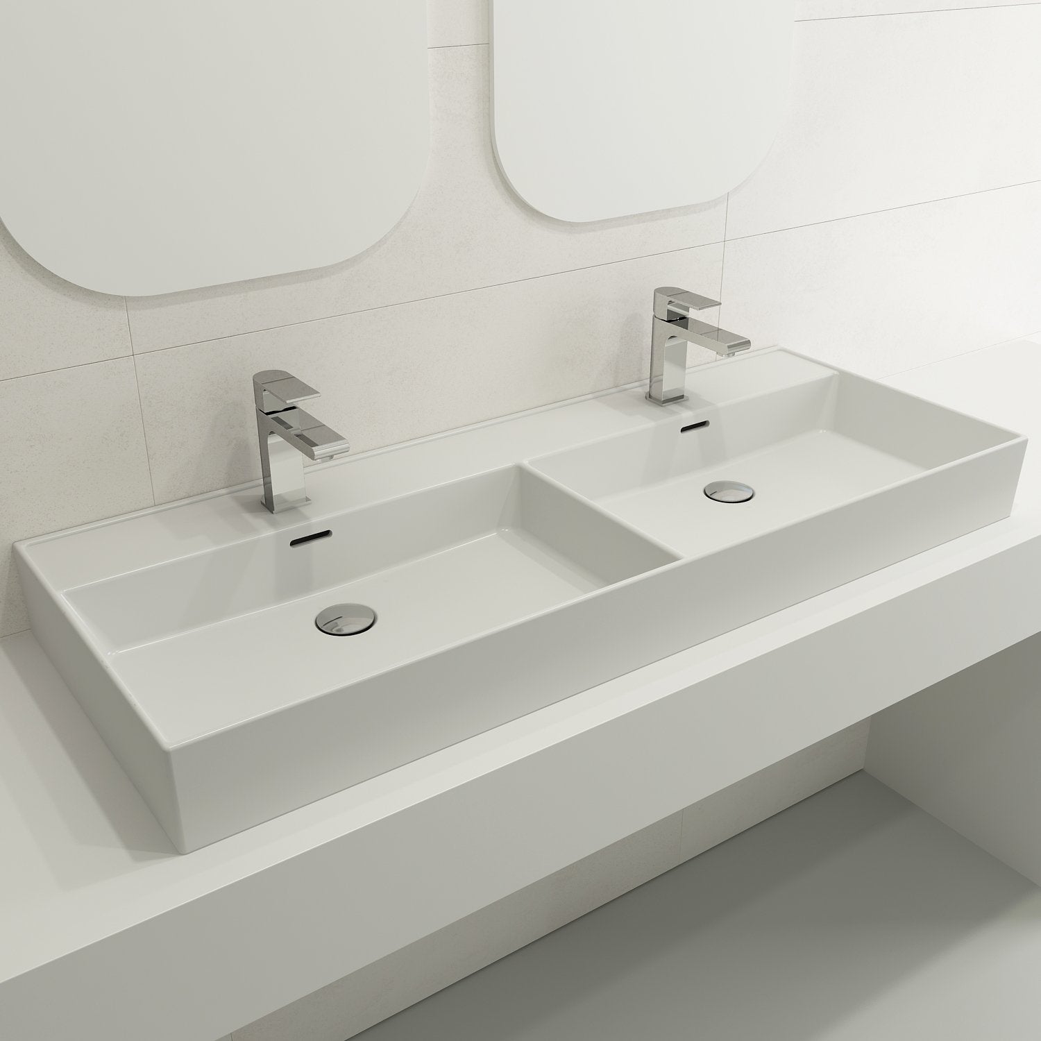 Milano Wall-Mounted Sink Fireclay  47.75 in. Double Bowl for Two 1-Hole Faucets with Overflows 1393