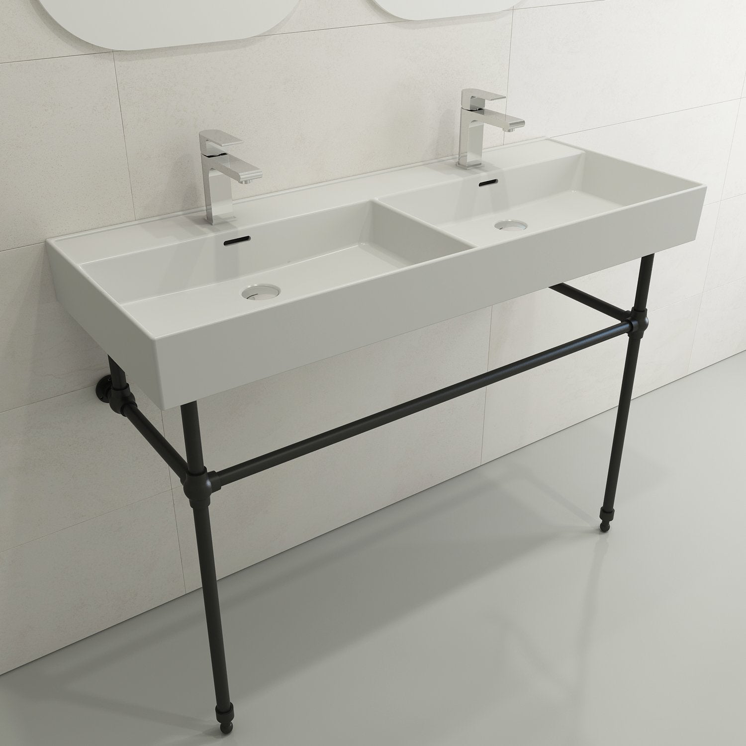 Milano Wall-Mounted Sink Fireclay  47.75 in. Double Bowl for Two 1-Hole Faucets with Overflows 1393