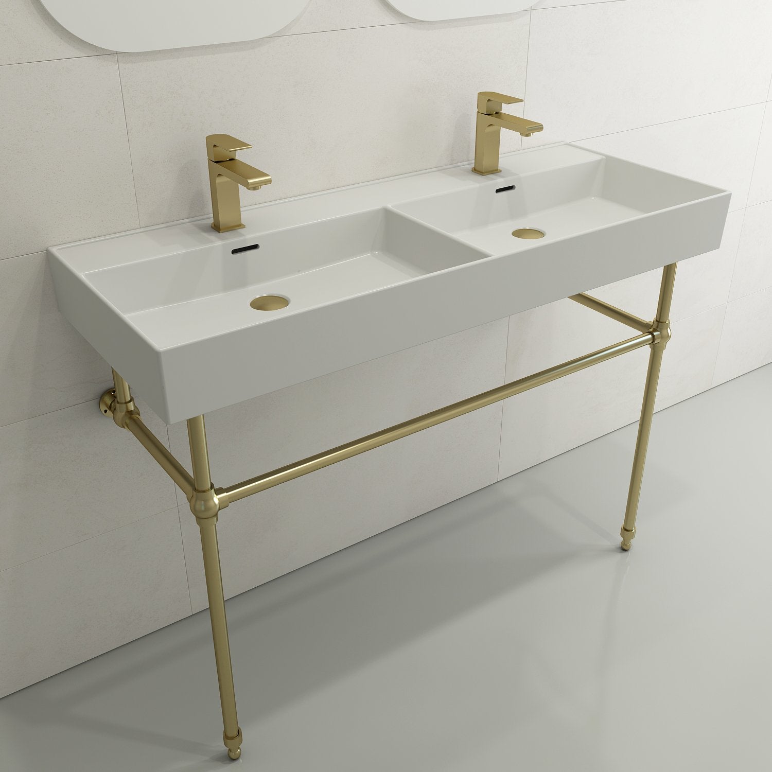 Milano Wall-Mounted Sink Fireclay  47.75 in. Double Bowl for Two 1-Hole Faucets with Overflows 1393