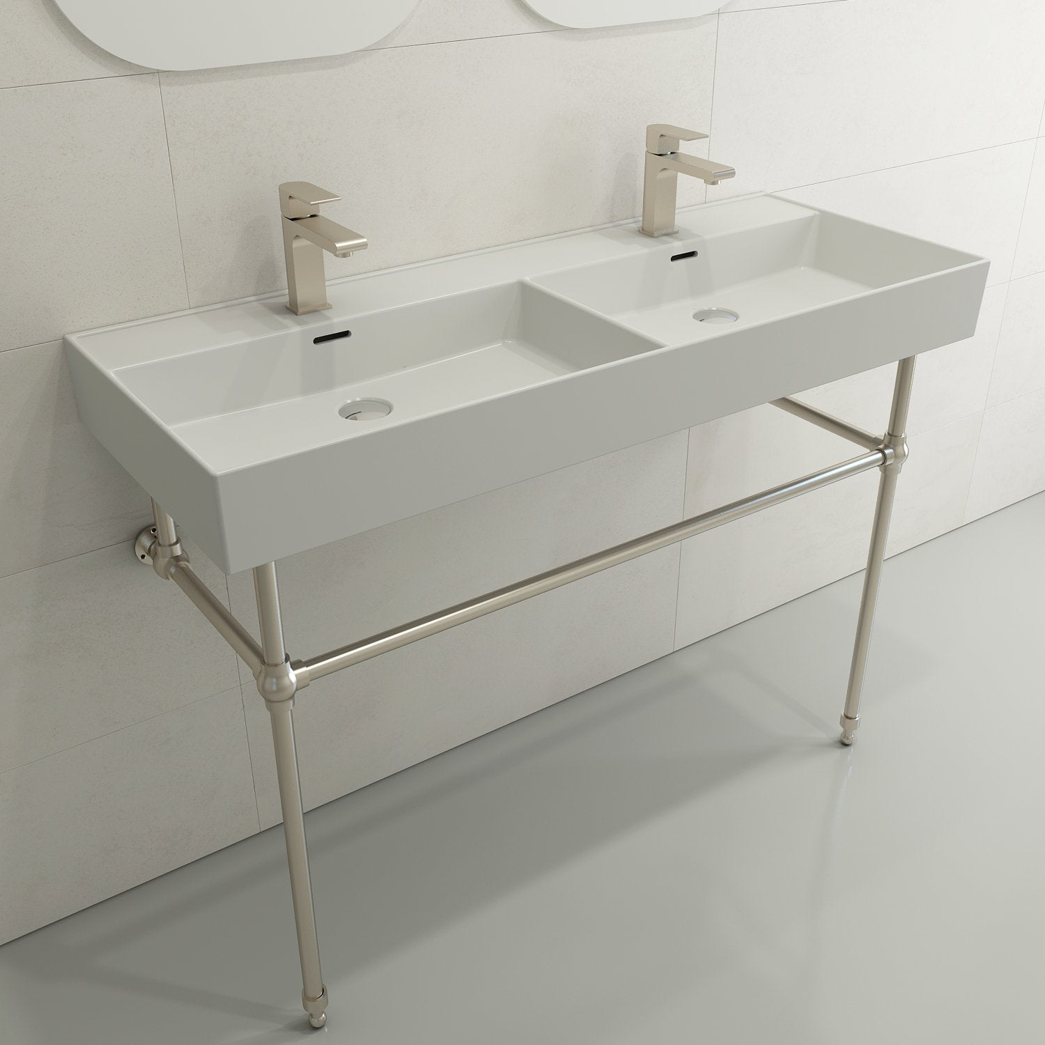 Milano Wall-Mounted Sink Fireclay  47.75 in. Double Bowl for Two 1-Hole Faucets with Overflows 1393