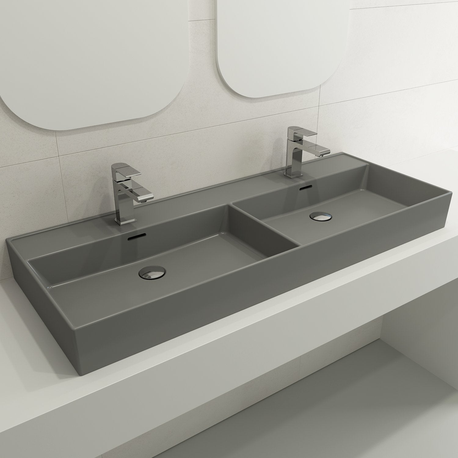 Milano Wall-Mounted Sink Fireclay  47.75 in. Double Bowl for Two 1-Hole Faucets with Overflows 1393