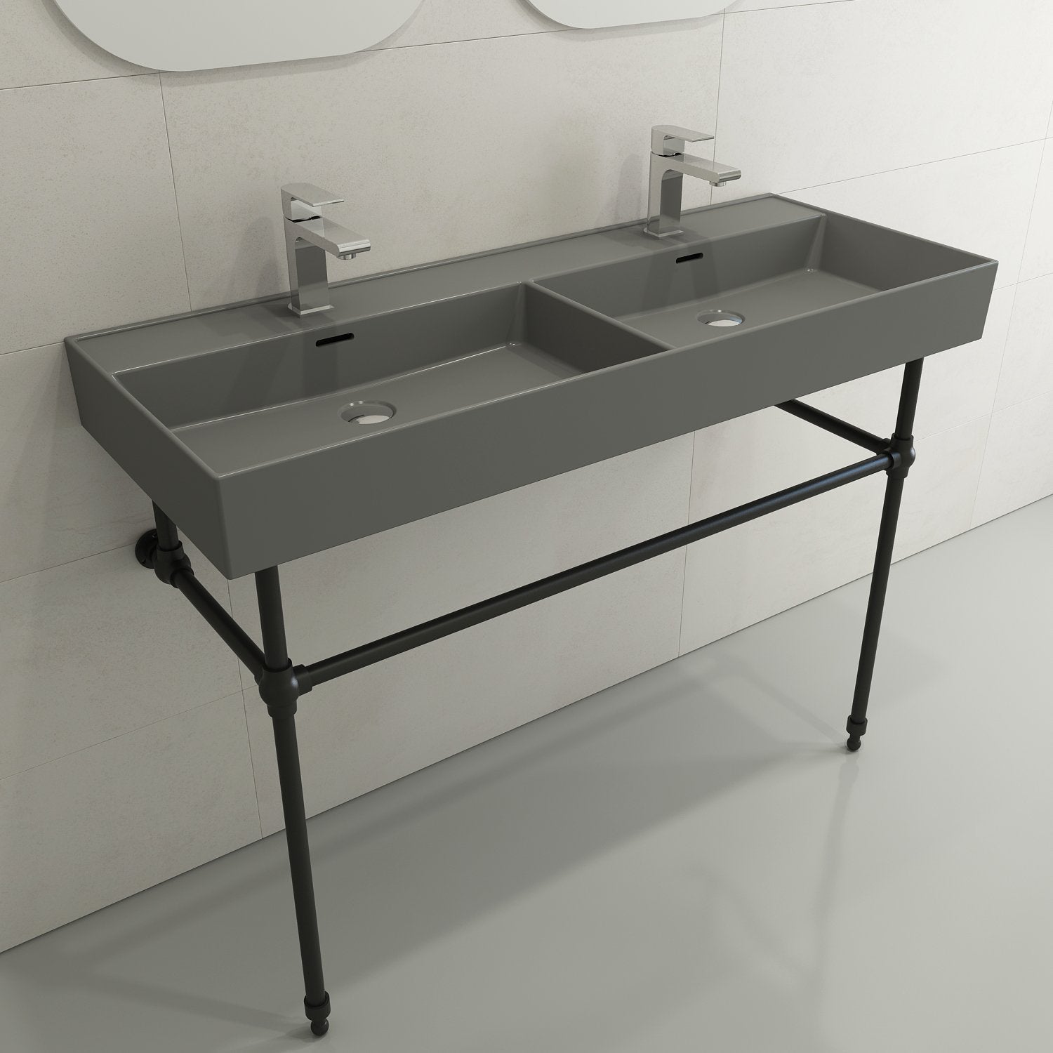 Milano Wall-Mounted Sink Fireclay  47.75 in. Double Bowl for Two 1-Hole Faucets with Overflows 1393