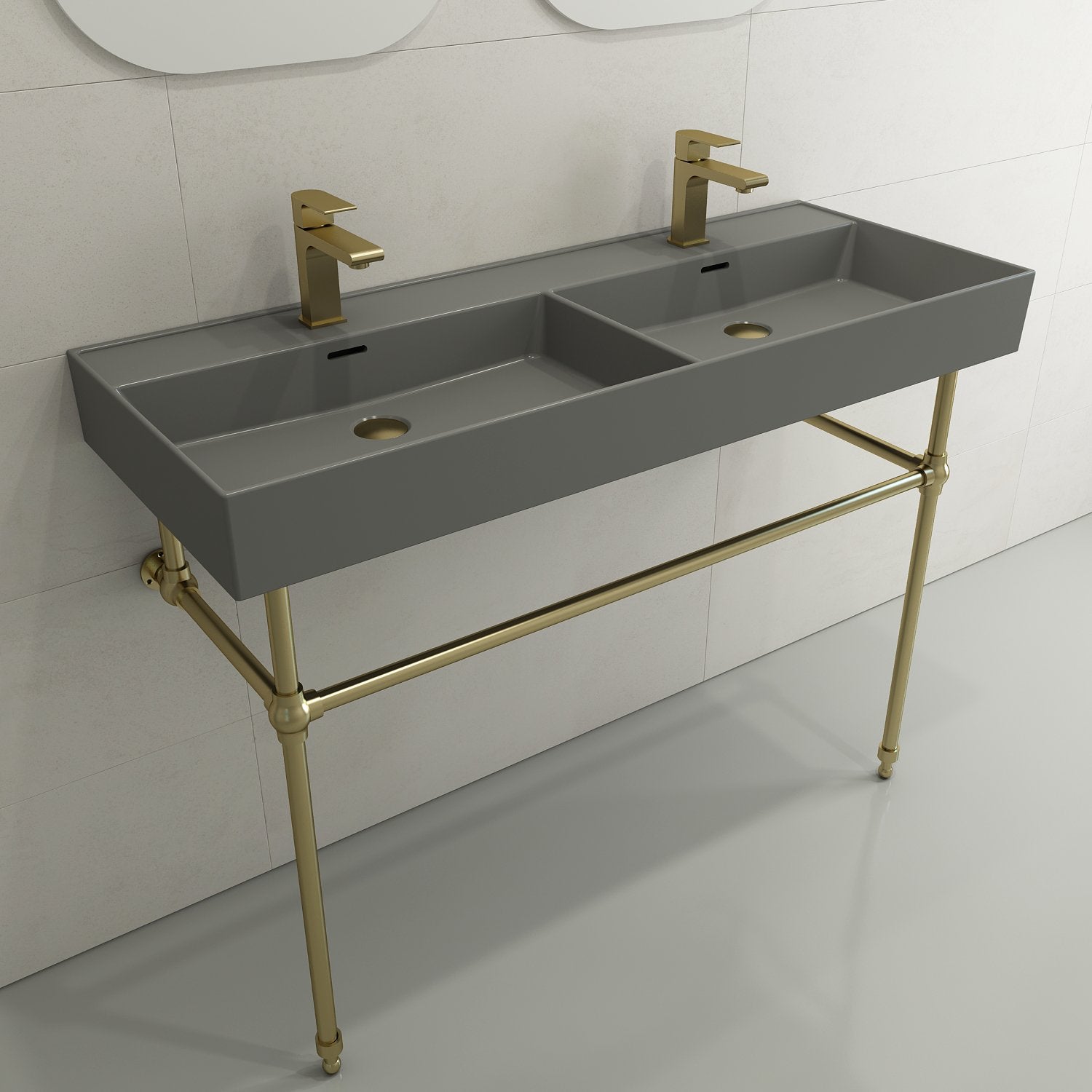 Milano Wall-Mounted Sink Fireclay  47.75 in. Double Bowl for Two 1-Hole Faucets with Overflows 1393