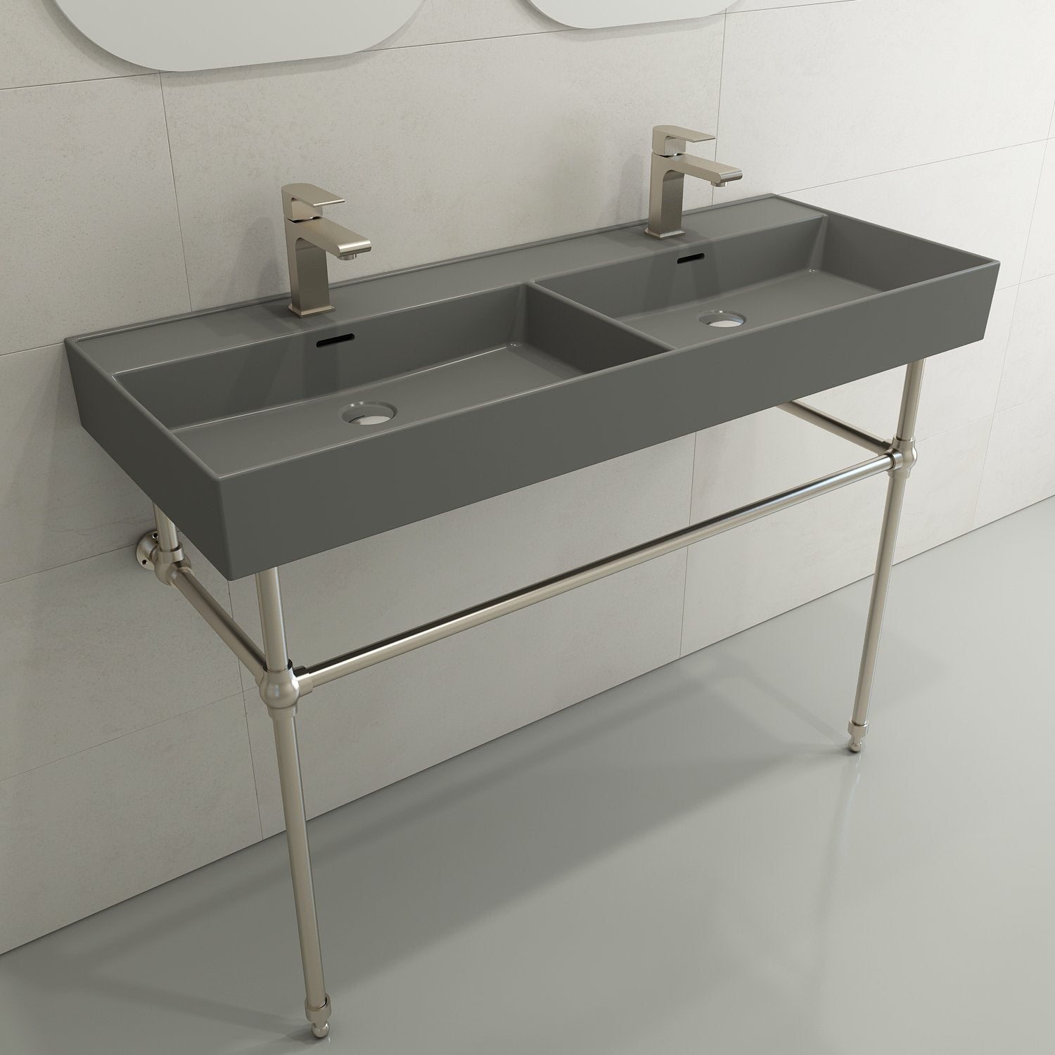 Milano Wall-Mounted Sink Fireclay  47.75 in. Double Bowl for Two 1-Hole Faucets with Overflows 1393