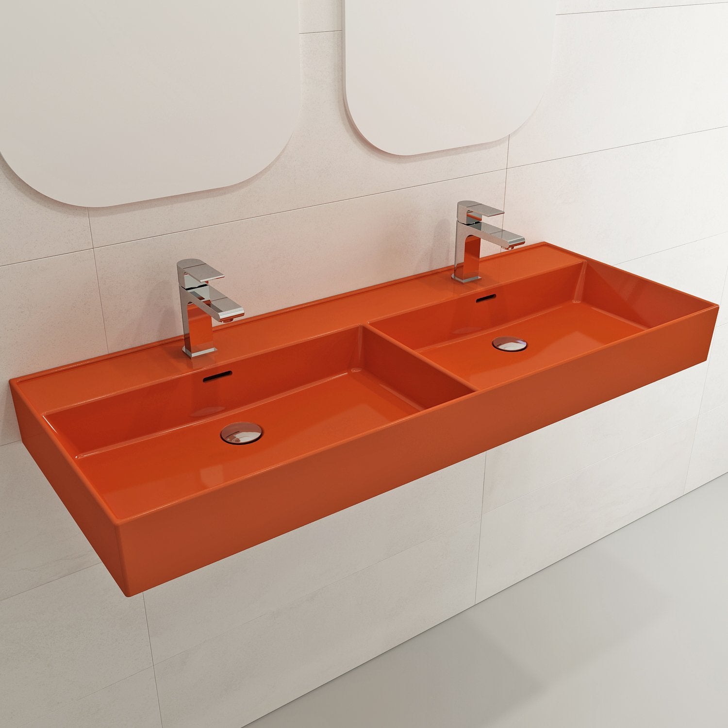 Milano Wall-Mounted Sink Fireclay  47.75 in. Double Bowl for Two 1-Hole Faucets with Overflows 1393